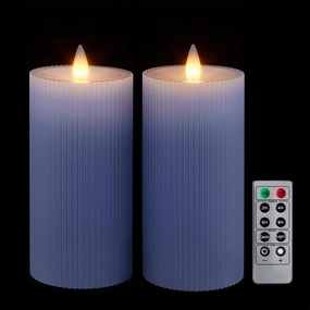 Stripe Pillar Candles with Remote Timer, Battery Candles Up to 400 Hours, 3D Moving Flame Wax Candle, Set of 2, 3 x H6 Inches,Remote Included(Blue Vertical Stripe-2 Pack).