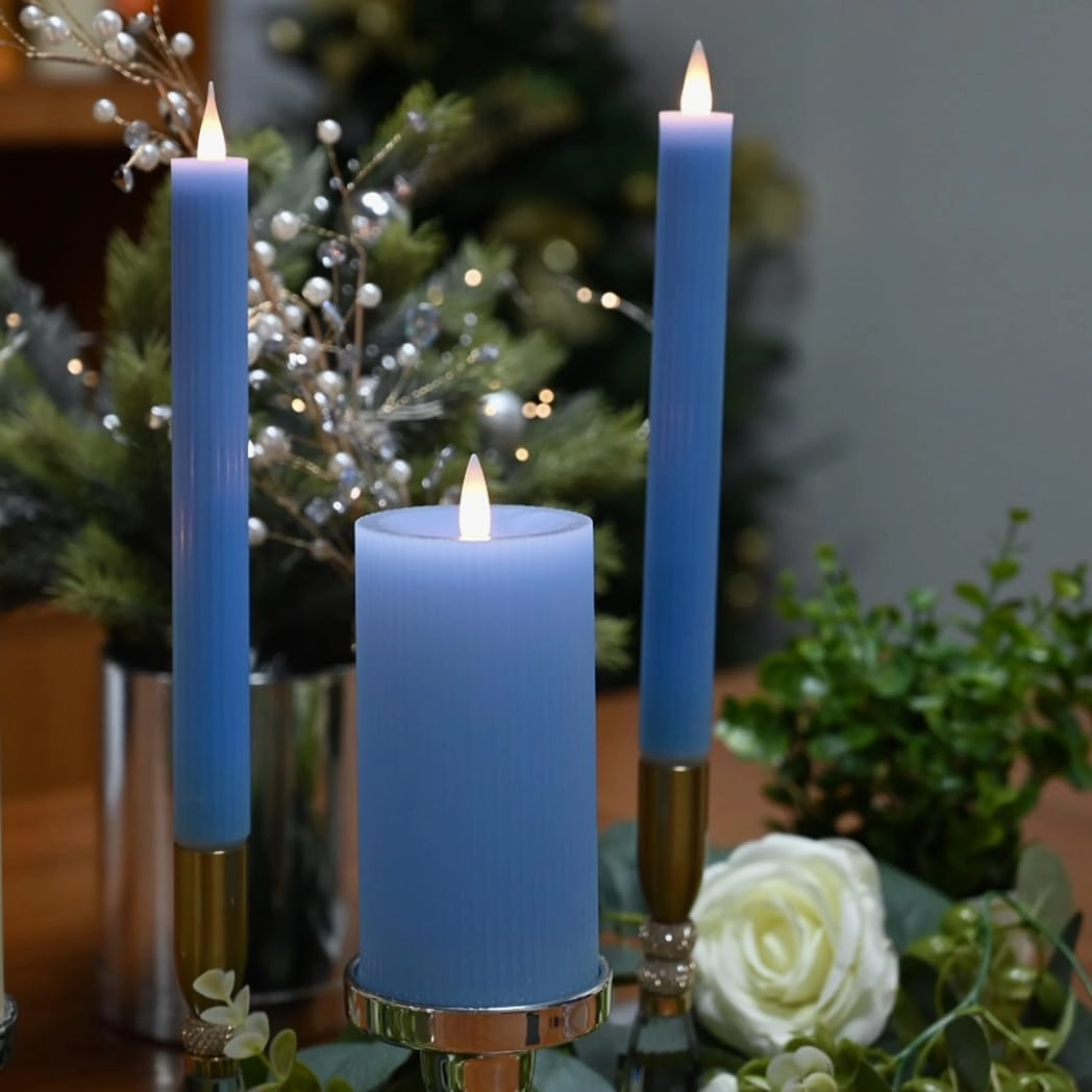 Stripe Pillar Candles with Remote Timer, Battery Candles Up to 400 Hours, 3D Moving Flame Wax Candle, Set of 2, 3 x H6 Inches,Remote Included(Blue Vertical Stripe-2 Pack).