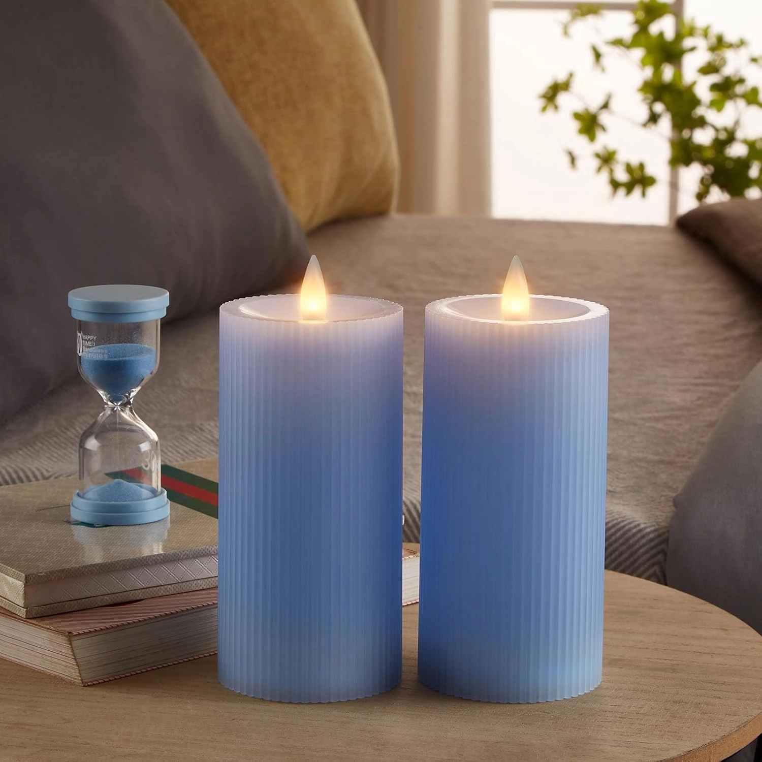 Stripe Pillar Candles with Remote Timer, Battery Candles Up to 400 Hours, 3D Moving Flame Wax Candle, Set of 2, 3 x H6 Inches,Remote Included(Blue Vertical Stripe-2 Pack).