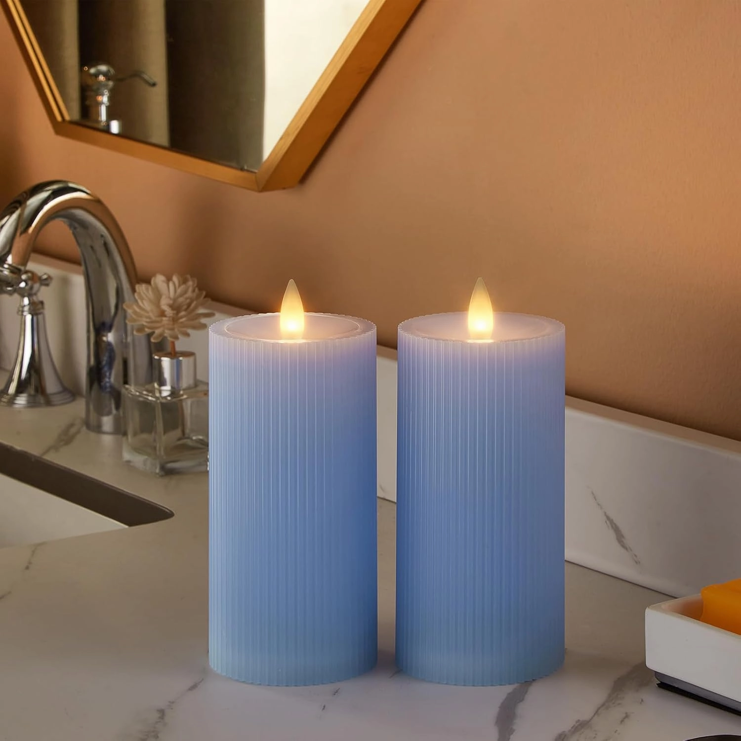 Stripe Pillar Candles with Remote Timer, Battery Candles Up to 400 Hours, 3D Moving Flame Wax Candle, Set of 2, 3 x H6 Inches,Remote Included(Blue Vertical Stripe-2 Pack).