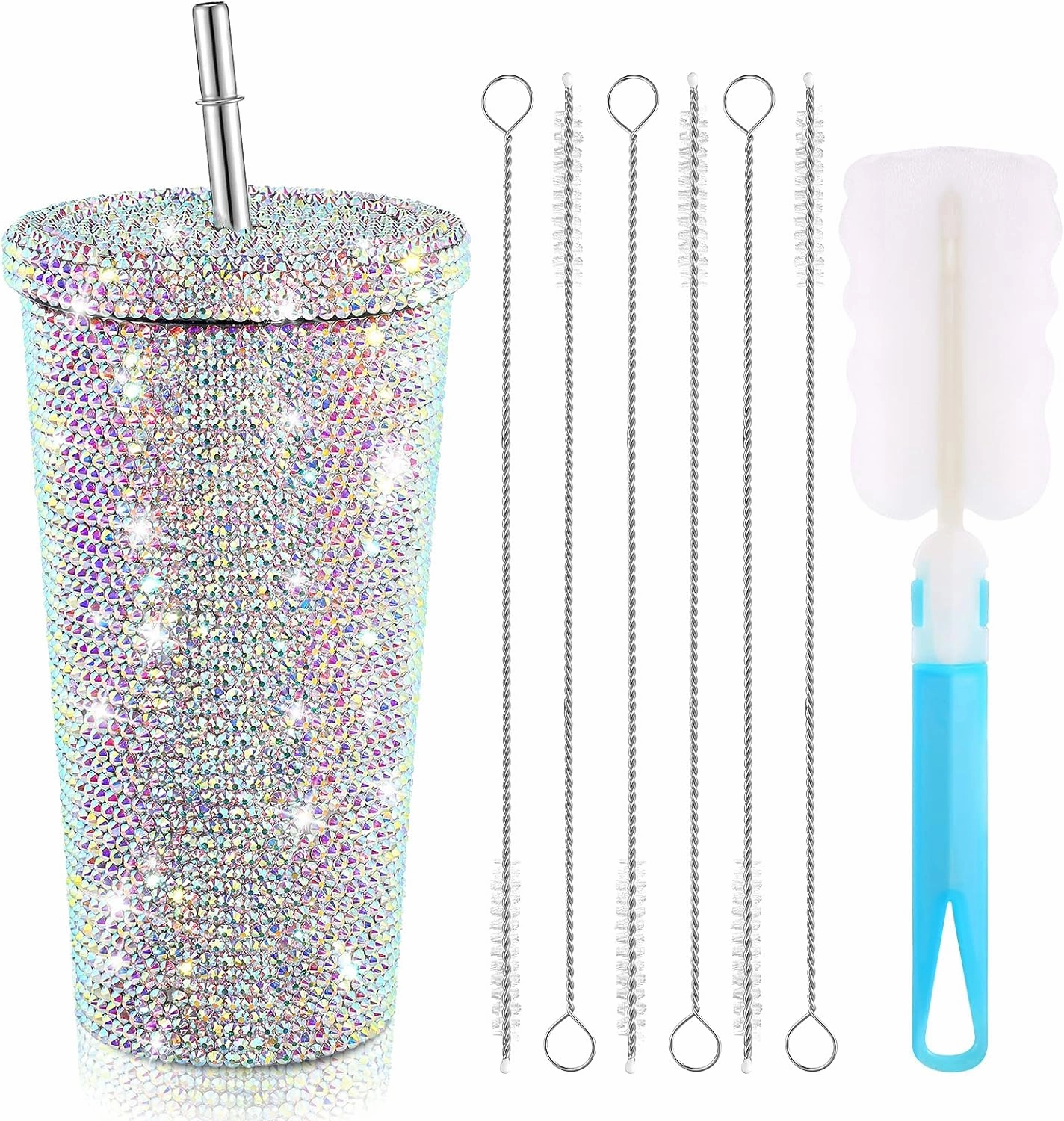 Studded Bling Diamond Tumbler Glitter Water Bottle with Lid Stainless Steel Vacuum Thermal Straw Rhinestone Tumbler with 1 Pcs Cup Brush 6 Pcs Straw Brushes for Women(16.9 oz,AB Color)
