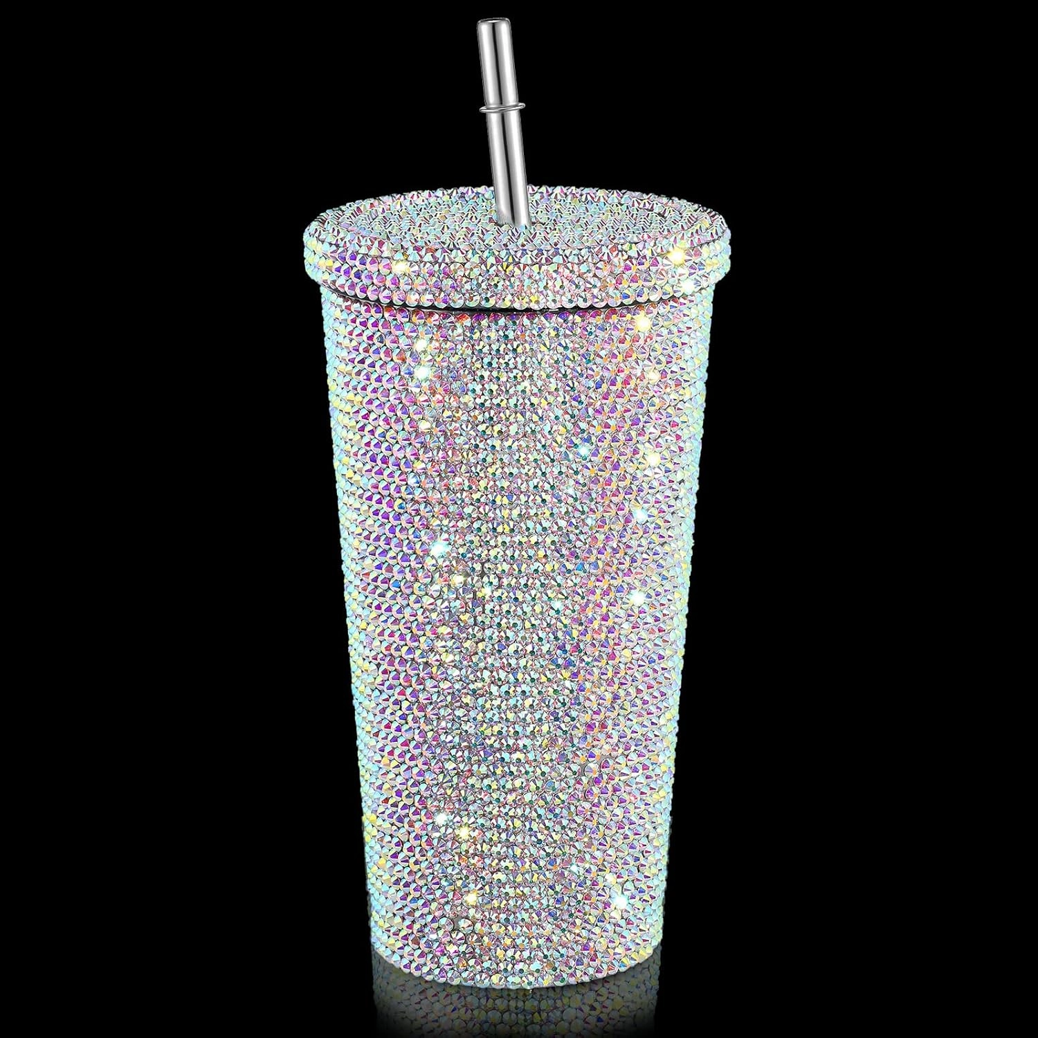 Studded Bling Diamond Tumbler Glitter Water Bottle with Lid Stainless Steel Vacuum Thermal Straw Rhinestone Tumbler with 1 Pcs Cup Brush 6 Pcs Straw Brushes for Women(16.9 oz,AB Color)
