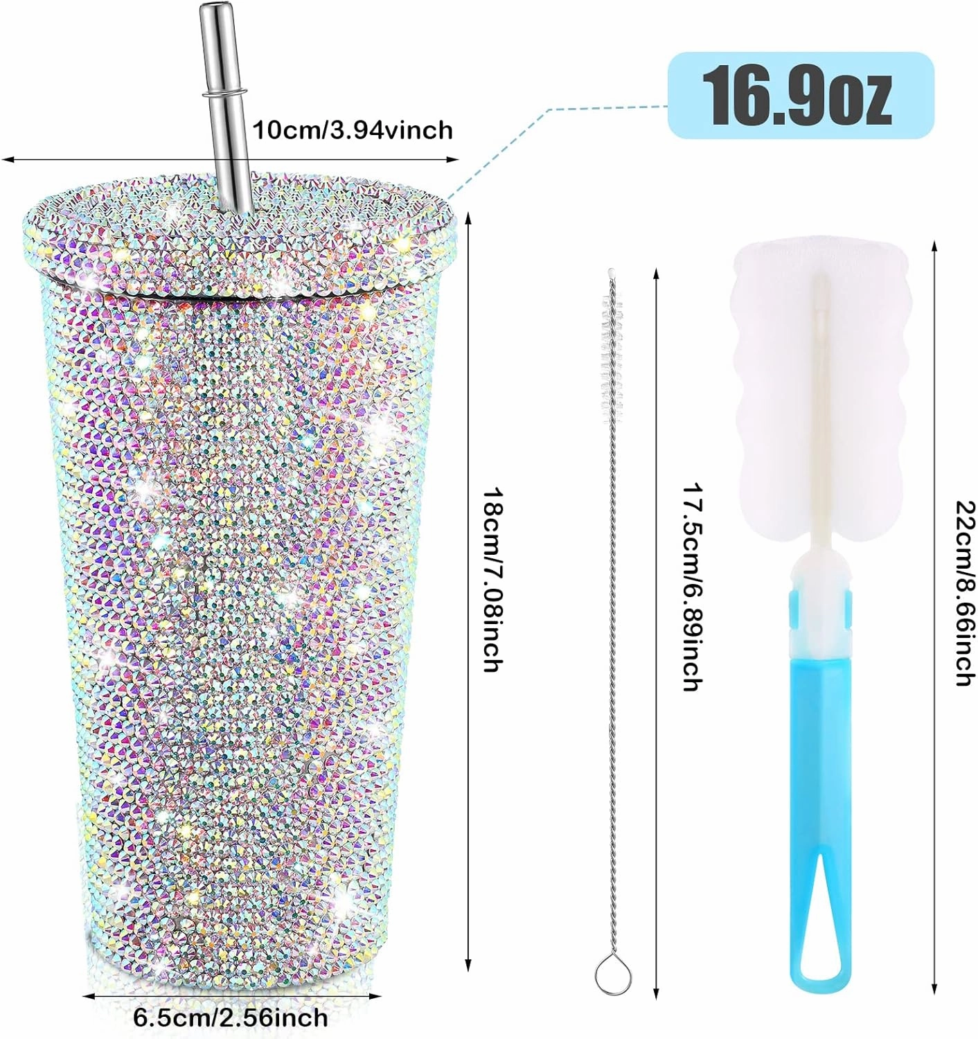 Studded Bling Diamond Tumbler Glitter Water Bottle with Lid Stainless Steel Vacuum Thermal Straw Rhinestone Tumbler with 1 Pcs Cup Brush 6 Pcs Straw Brushes for Women(16.9 oz,AB Color)