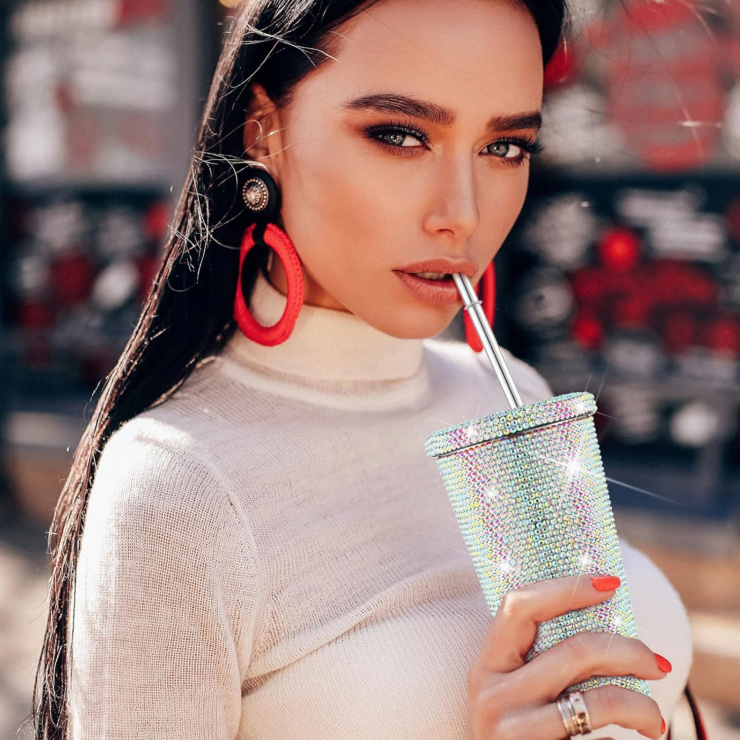 Studded Bling Diamond Tumbler Glitter Water Bottle with Lid Stainless Steel Vacuum Thermal Straw Rhinestone Tumbler with 1 Pcs Cup Brush 6 Pcs Straw Brushes for Women(16.9 oz,AB Color)