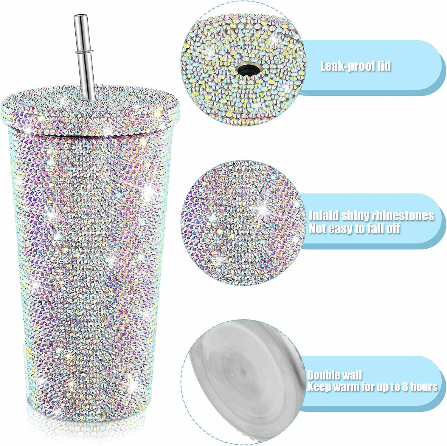 Studded Bling Diamond Tumbler Glitter Water Bottle with Lid Stainless Steel Vacuum Thermal Straw Rhinestone Tumbler with 1 Pcs Cup Brush 6 Pcs Straw Brushes for Women(16.9 oz,AB Color)