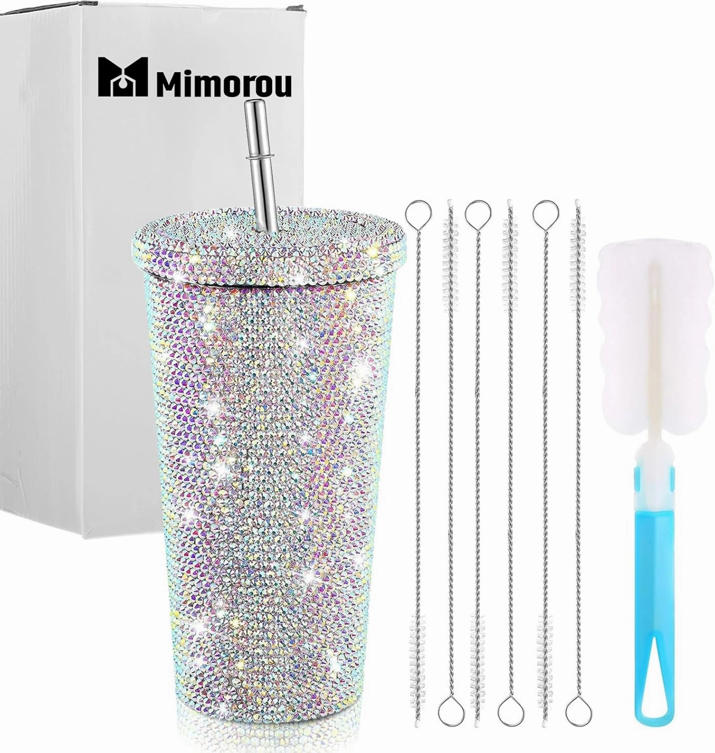 Studded Bling Diamond Tumbler Glitter Water Bottle with Lid Stainless Steel Vacuum Thermal Straw Rhinestone Tumbler with 1 Pcs Cup Brush 6 Pcs Straw Brushes for Women(16.9 oz,AB Color)