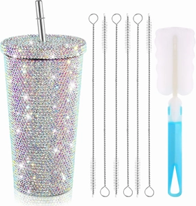 Studded Bling Diamond Tumbler Glitter Water Bottle with Lid Stainless Steel Vacuum Thermal Straw Rhinestone Tumbler with 1 Pcs Cup Brush 6 Pcs Straw Brushes for Women(16.9 oz,AB Color)
