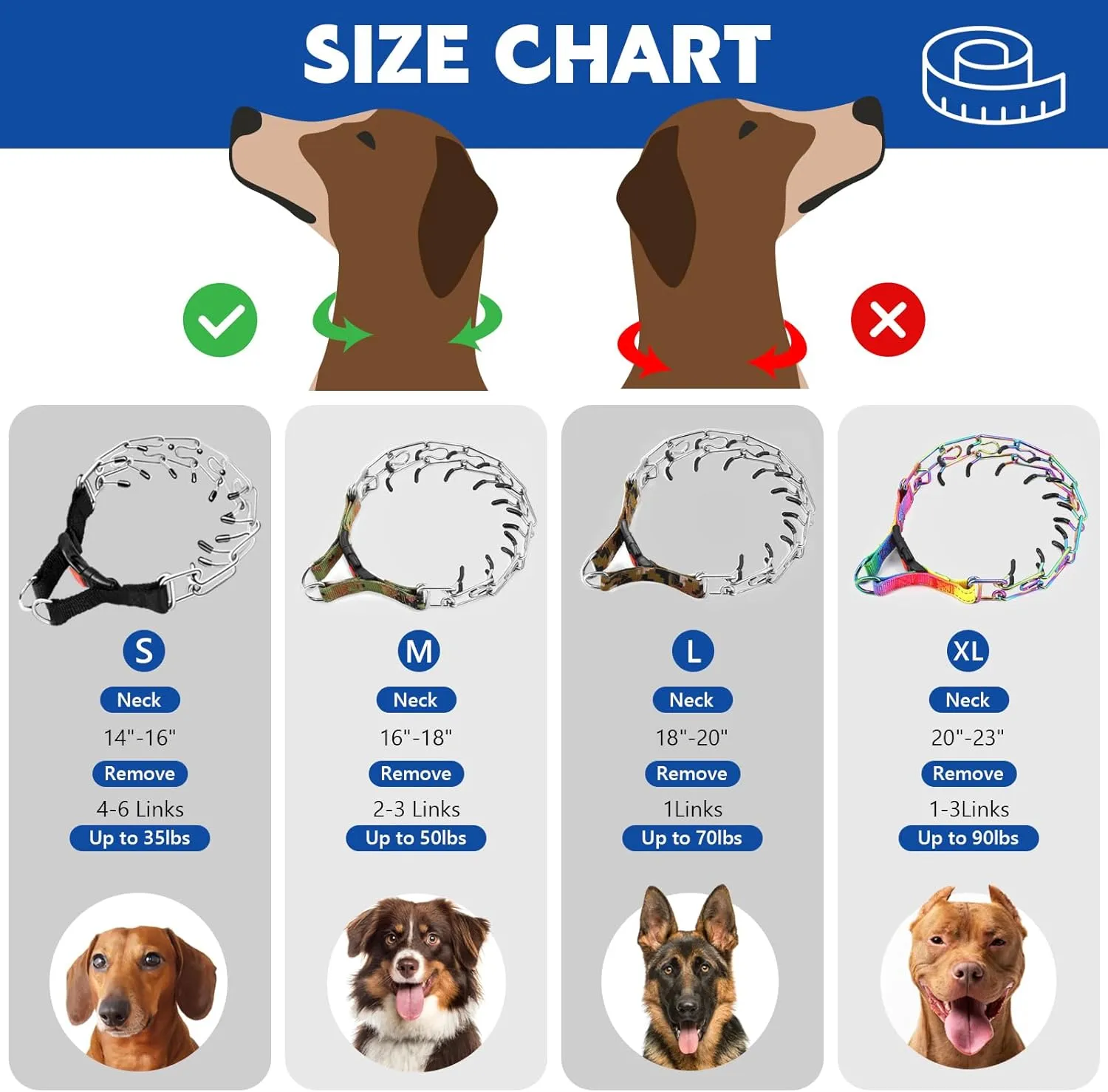 Supet Prong Collar for Dogs, Adjustable Dog Choke Collar Adjustable Dog Pinch Collar with Quick Release Buckle for Small Medium Large Dogs(Packed with One Extra Links)
