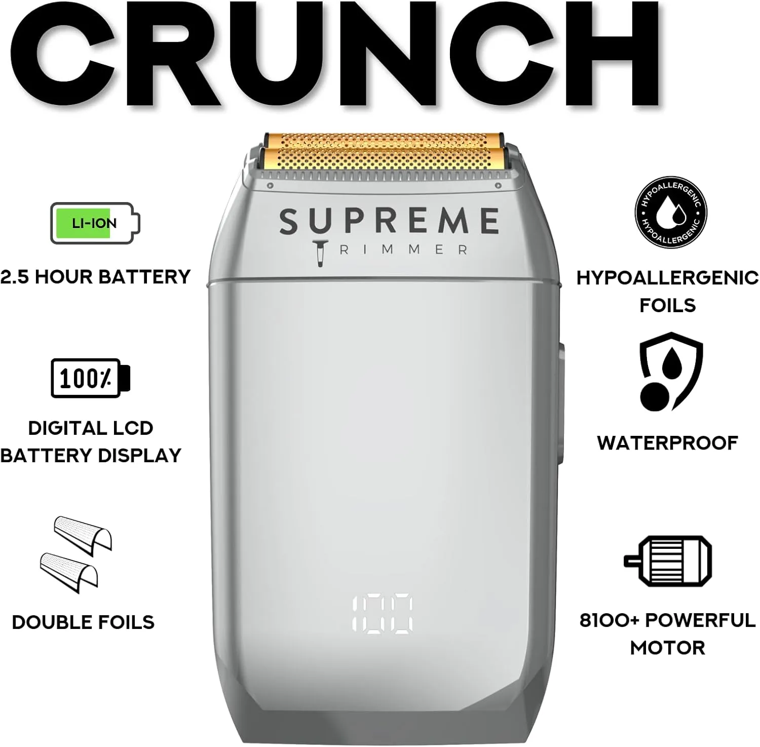 Supreme Trimmer Crunch Electric Razor for Men | 150 Minute Runtime, Waterproof Wet/Dry Men's Electric Corded/Cordless Double Foil Shaver for Stubble | STF602