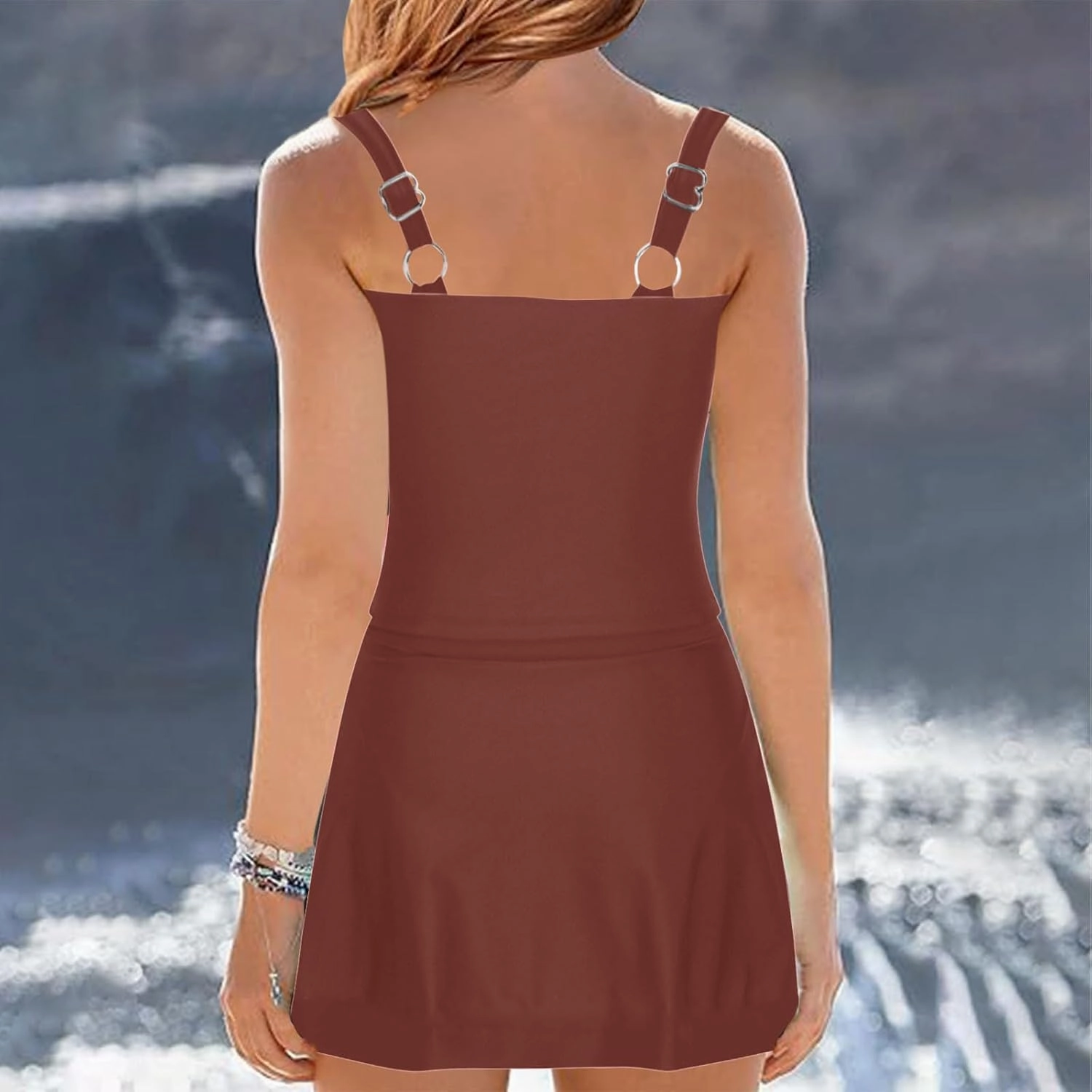Swim Dress Tummy Control Tankini Tops for Women Two Piece Skirts Bathing Suit Solid Color Summer Beach Swimsuits