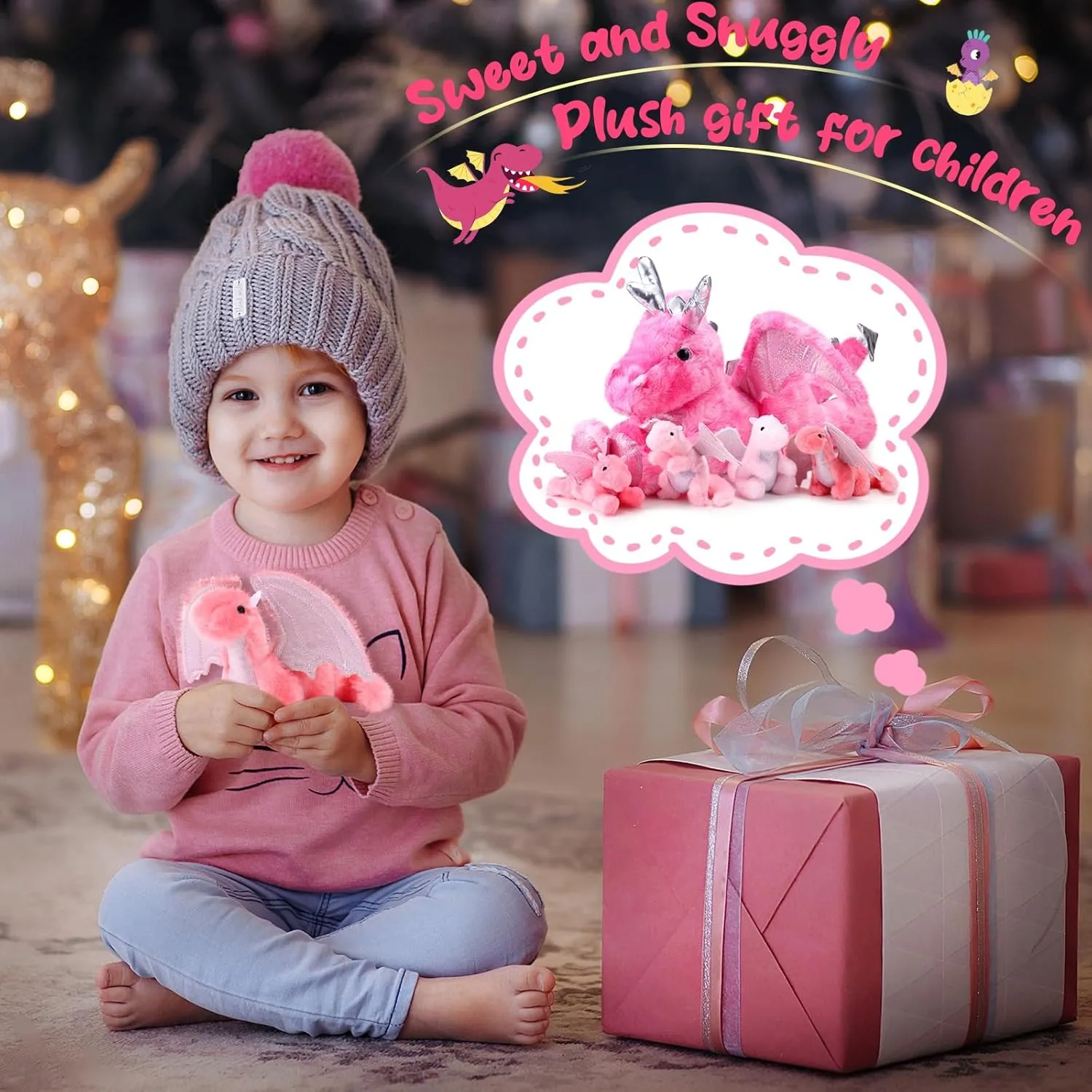 Syhood 5 Pcs Dragon Plush Set 18 Inch Large Mommy Dragon Stuffed Animal with 4 Babies Inside Zippered Belly Cuddly Family Plushie Gifts for Kids Birthday Baby Shower Party Decors(Pink)
