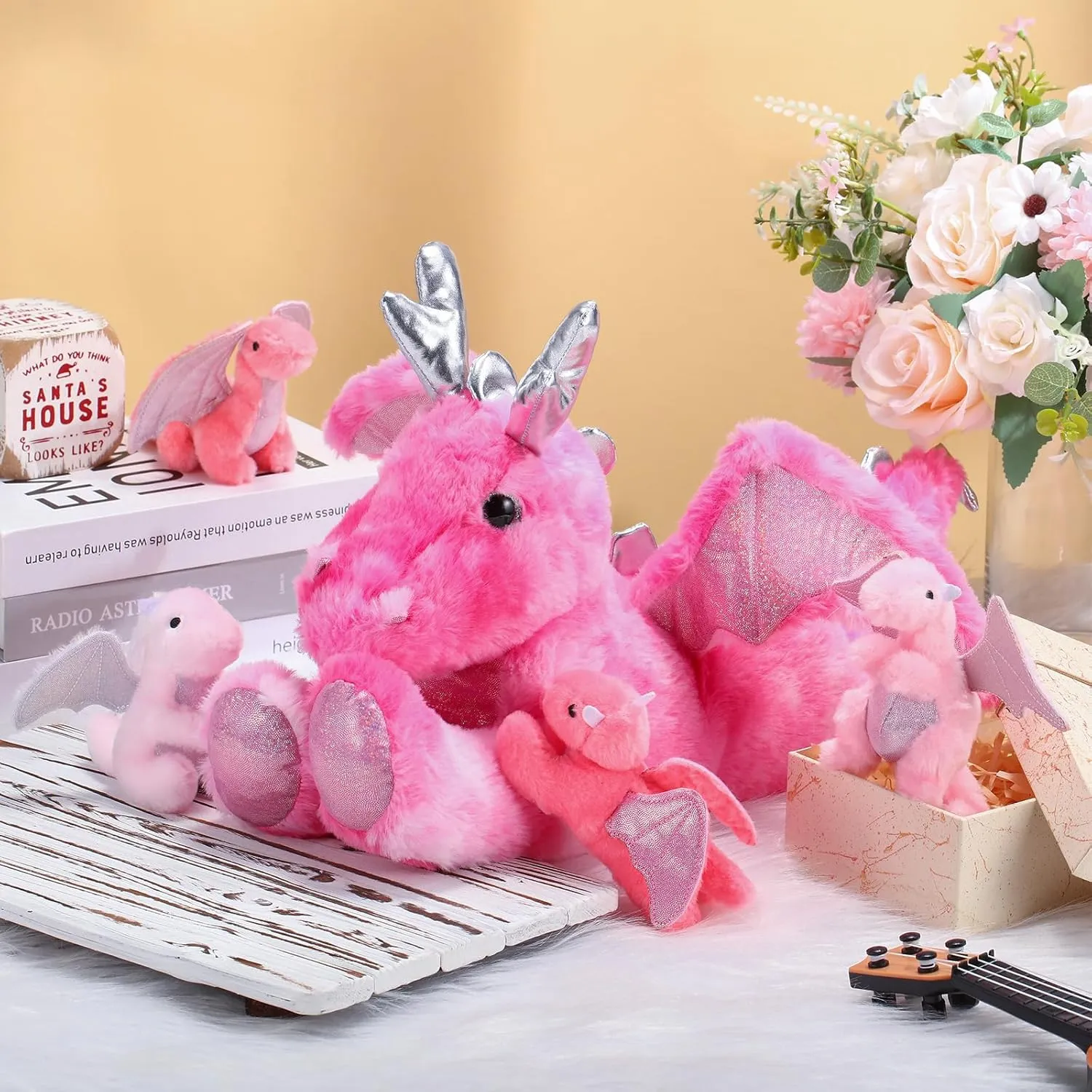 Syhood 5 Pcs Dragon Plush Set 18 Inch Large Mommy Dragon Stuffed Animal with 4 Babies Inside Zippered Belly Cuddly Family Plushie Gifts for Kids Birthday Baby Shower Party Decors(Pink)