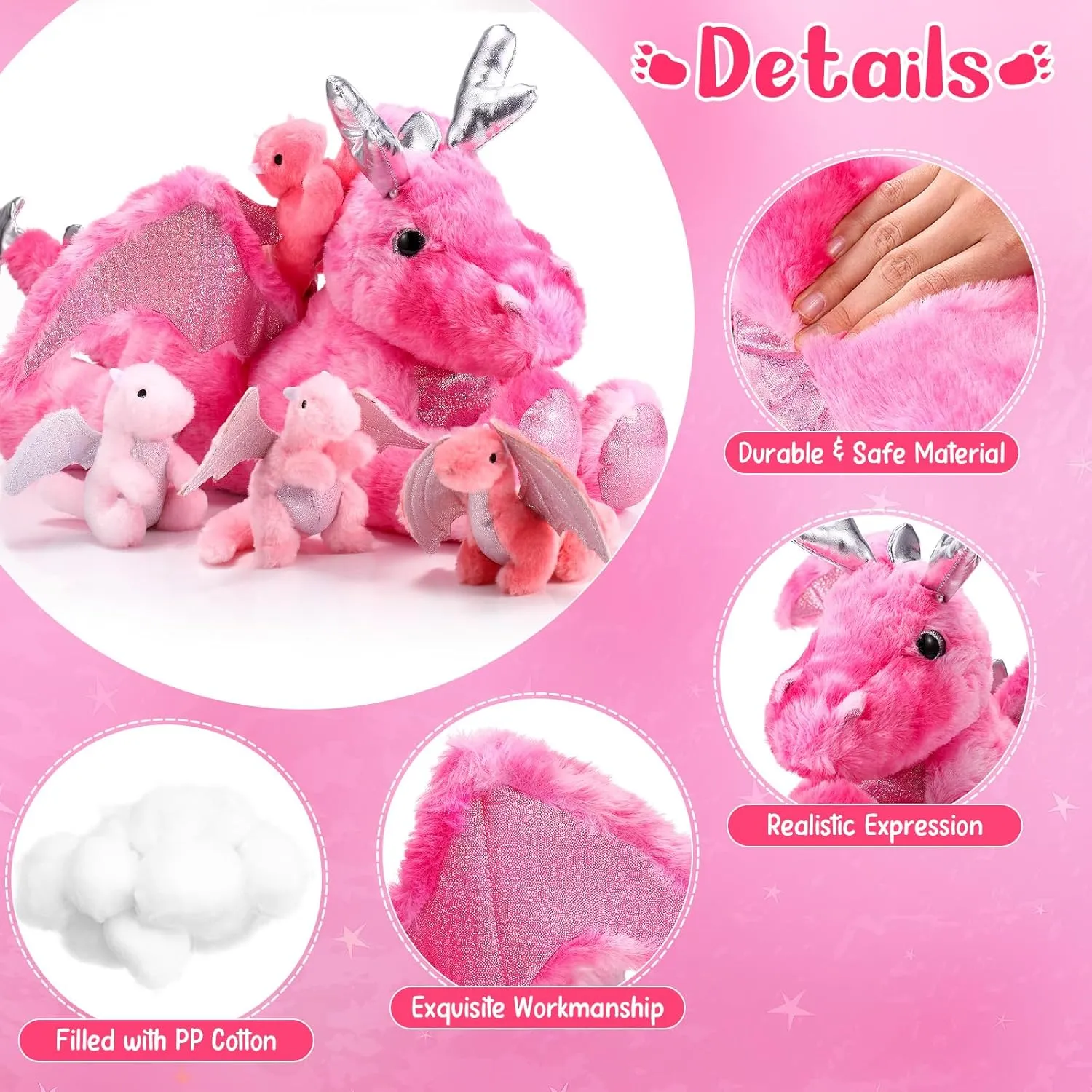 Syhood 5 Pcs Dragon Plush Set 18 Inch Large Mommy Dragon Stuffed Animal with 4 Babies Inside Zippered Belly Cuddly Family Plushie Gifts for Kids Birthday Baby Shower Party Decors(Pink)