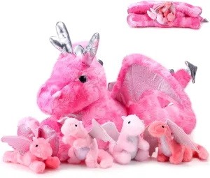 Syhood 5 Pcs Dragon Plush Set 18 Inch Large Mommy Dragon Stuffed Animal with 4 Babies Inside Zippered Belly Cuddly Family Plushie Gifts for Kids Birthday Baby Shower Party Decors(Pink)