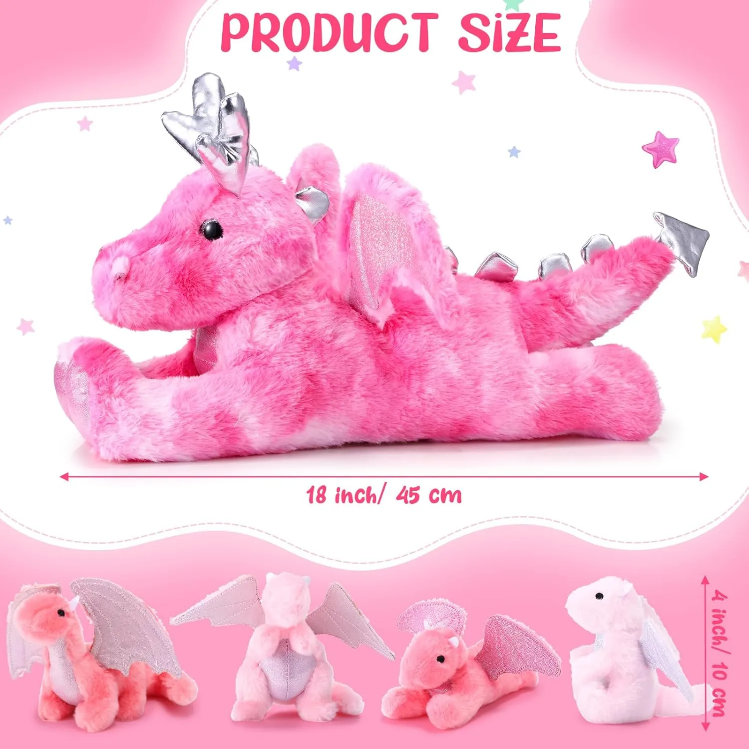 Syhood 5 Pcs Dragon Plush Set 18 Inch Large Mommy Dragon Stuffed Animal with 4 Babies Inside Zippered Belly Cuddly Family Plushie Gifts for Kids Birthday Baby Shower Party Decors(Pink)
