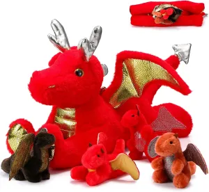 Syhood 5 Pcs Dragon Plush Set 18 Inch Large Mommy Dragon Stuffed Animal with 4 Babies Inside Zippered Belly Cuddly Family Plushie Gifts for Kids Birthday Baby Shower Party Decors(Red)