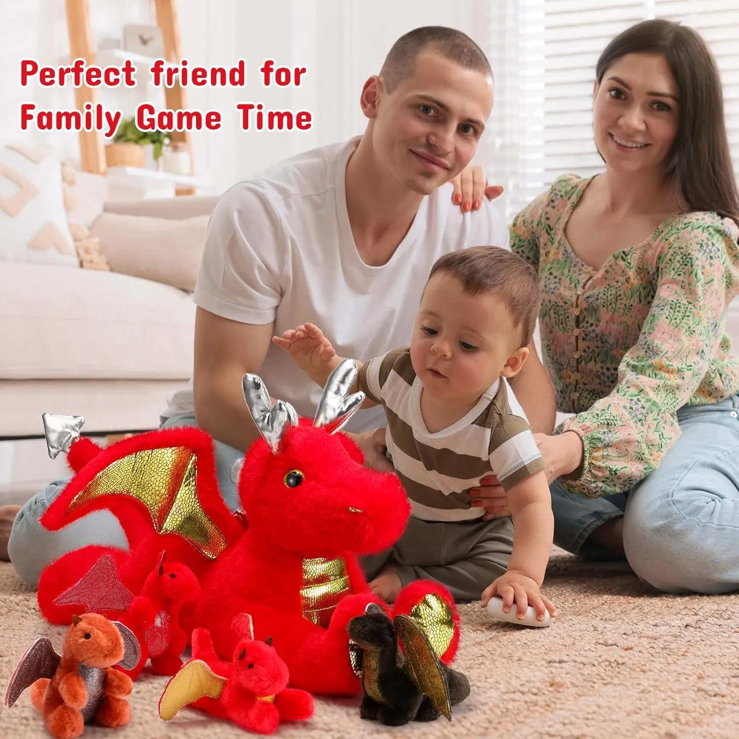 Syhood 5 Pcs Dragon Plush Set 18 Inch Large Mommy Dragon Stuffed Animal with 4 Babies Inside Zippered Belly Cuddly Family Plushie Gifts for Kids Birthday Baby Shower Party Decors(Red)