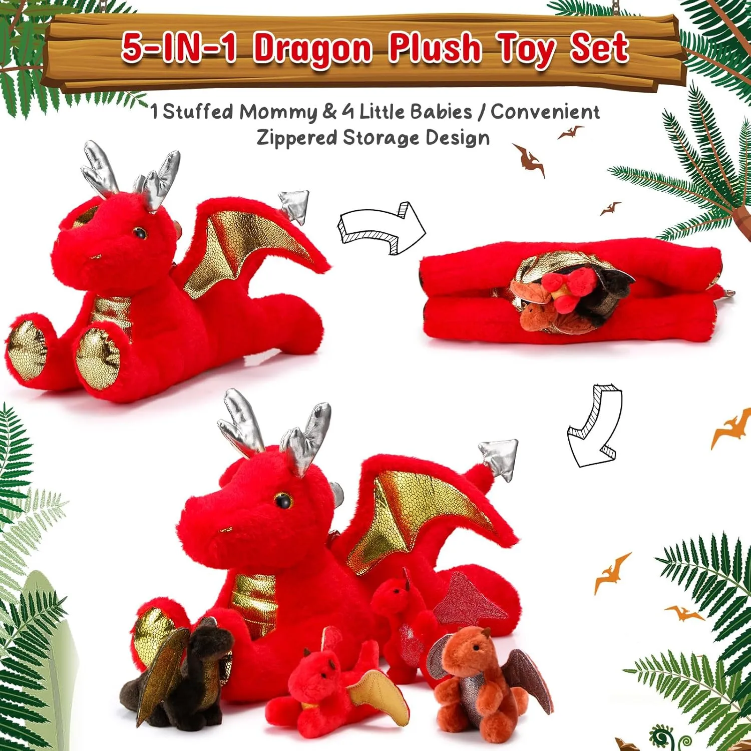 Syhood 5 Pcs Dragon Plush Set 18 Inch Large Mommy Dragon Stuffed Animal with 4 Babies Inside Zippered Belly Cuddly Family Plushie Gifts for Kids Birthday Baby Shower Party Decors(Red)
