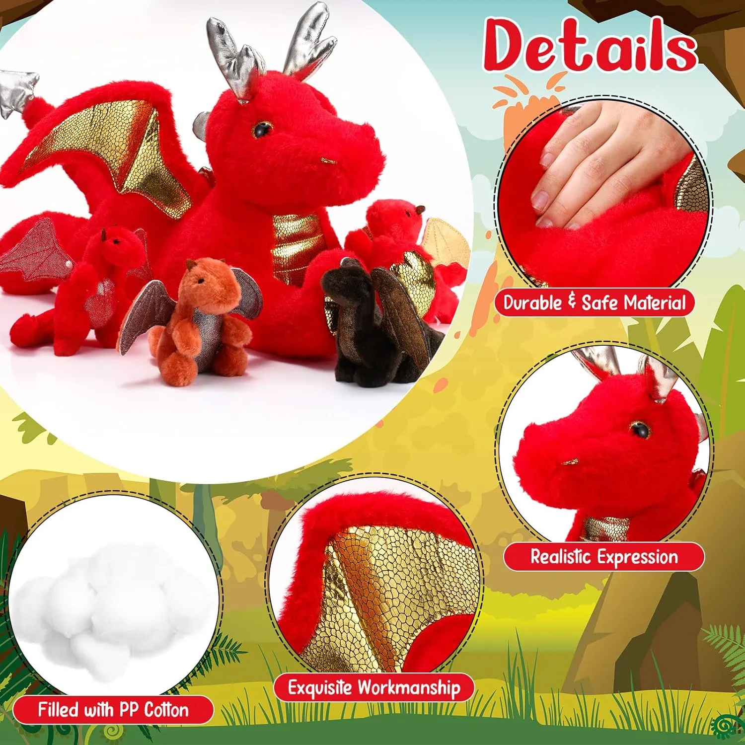 Syhood 5 Pcs Dragon Plush Set 18 Inch Large Mommy Dragon Stuffed Animal with 4 Babies Inside Zippered Belly Cuddly Family Plushie Gifts for Kids Birthday Baby Shower Party Decors(Red)