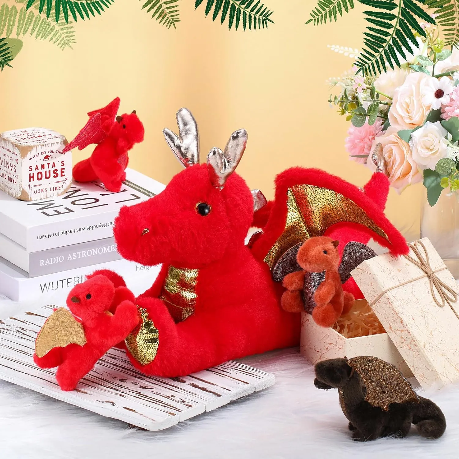 Syhood 5 Pcs Dragon Plush Set 18 Inch Large Mommy Dragon Stuffed Animal with 4 Babies Inside Zippered Belly Cuddly Family Plushie Gifts for Kids Birthday Baby Shower Party Decors(Red)