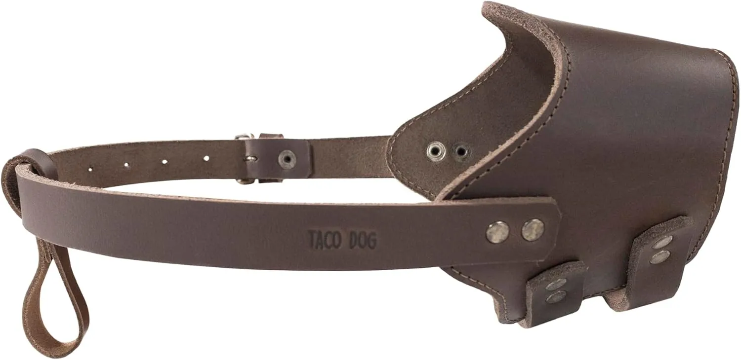 TACO DOG, Dog Muzzle Guard with Adjustable Straps, Secure Training Cover, Mouth Guard Mask Prevents Biting Chewing, Full Grain Leather, Handmade (Bourbon Brown, XL)