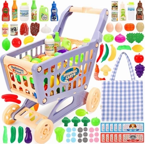 Tagitary Shopping Cart Toy for Kids,82 PCS Toddlers Large Play Grocery Cart with Shopping Bag,Included Pretend Food Veggies,Play Money Cash and Coins,Educational Toys Play Kitchen Accessories for Kids