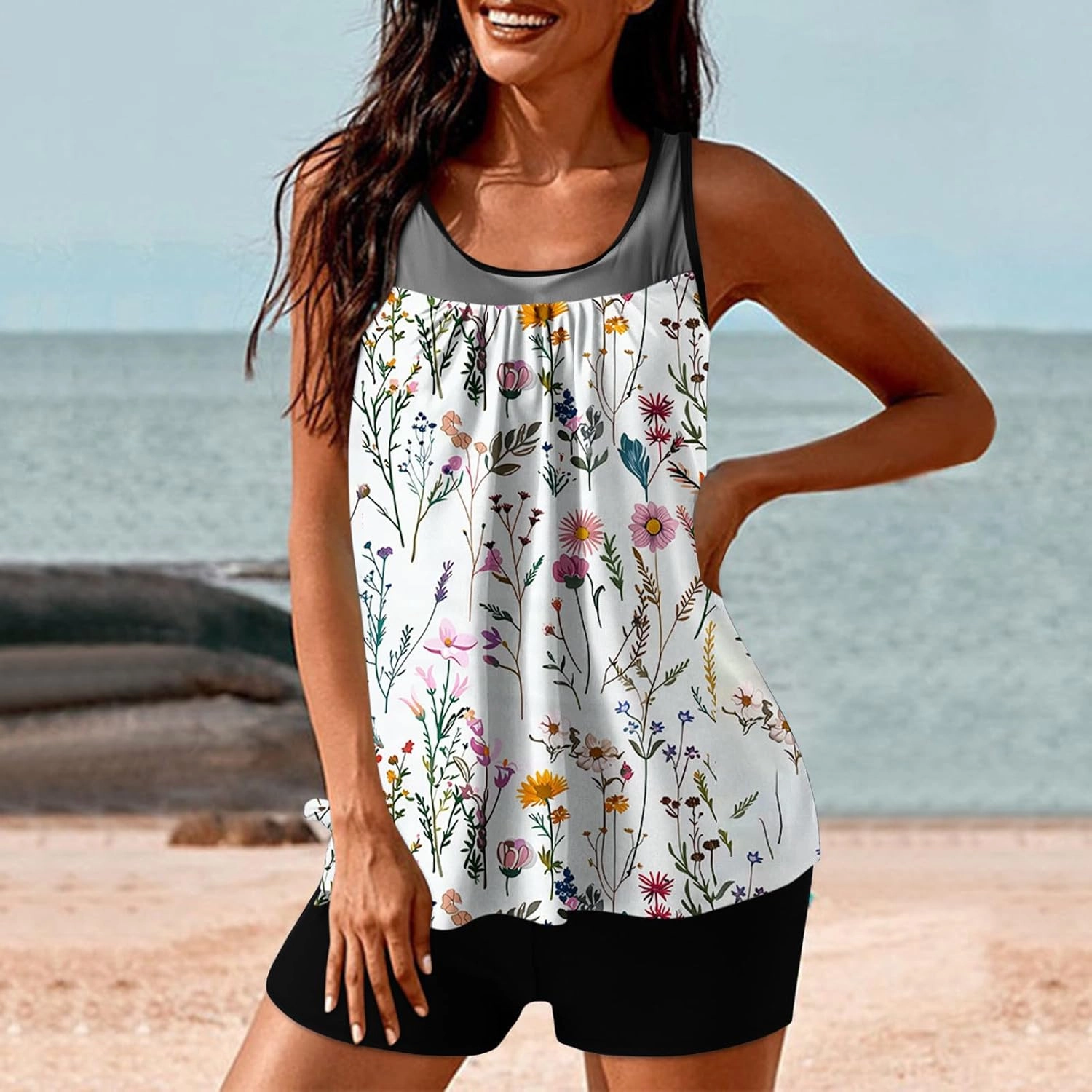 Tankini Swimsuits for Women Blouson Modest Two Piece Bathing Suit with Shorts Floral Print 2025 Athletic Swimwear