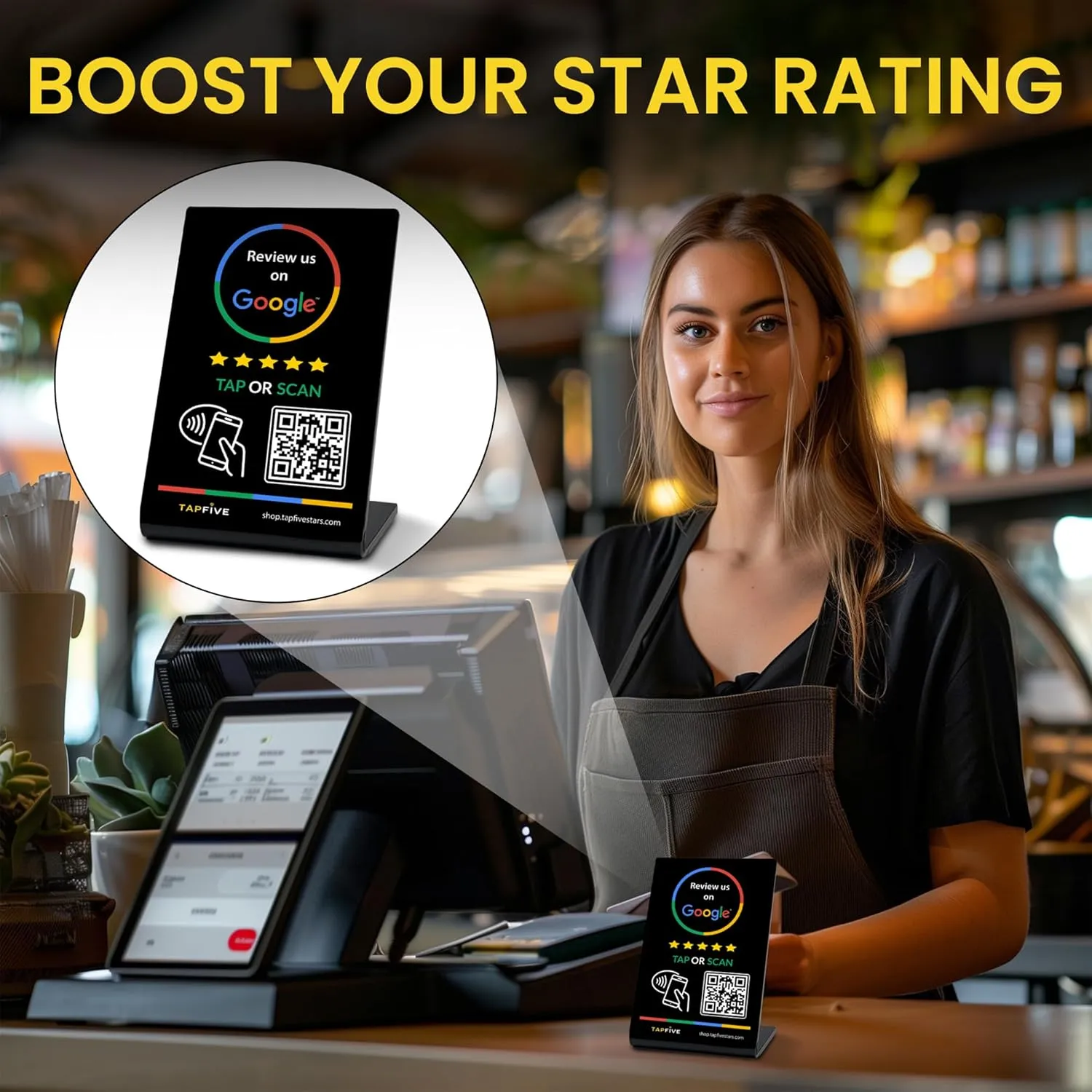 Tap Google Review Stands (3-Pack) Tap for Instant Reviews - All Phones Compatible - Reusable Smart Tap NFC & QR - Boost Business Reviews Zappy Fast - Powered (Black, 3 Stands)