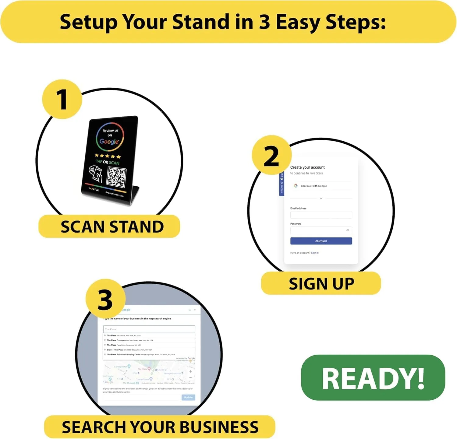 Tap Google Review Stands (3-Pack) Tap for Instant Reviews - All Phones Compatible - Reusable Smart Tap NFC & QR - Boost Business Reviews Zappy Fast - Powered (Black, 3 Stands)