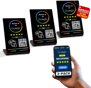 Tap Google Review Stands (3-Pack) Tap for Instant Reviews - All Phones Compatible - Reusable Smart Tap NFC & QR - Boost Business Reviews Zappy Fast - Powered (Black, 3 Stands)