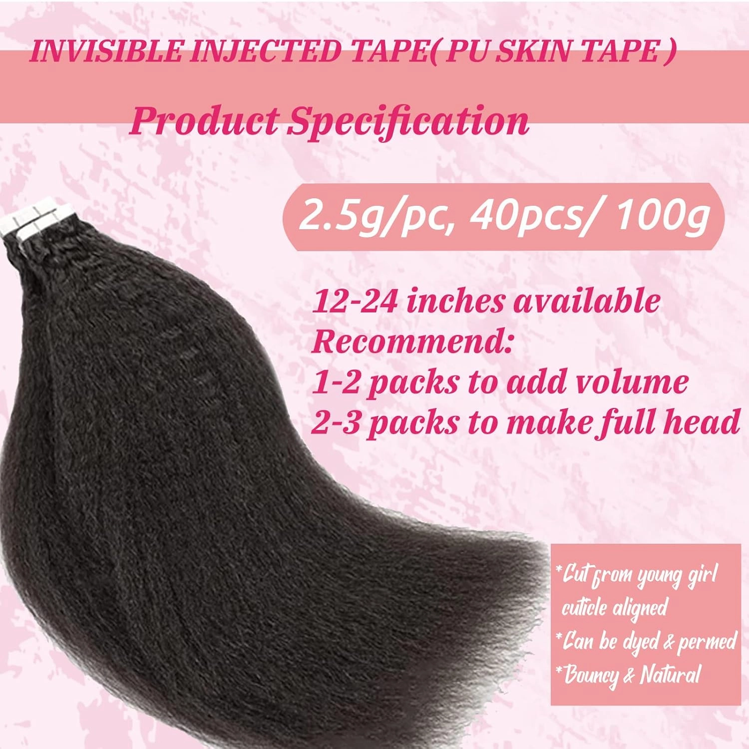 Tape in Hair Extensions Natural Blac Kinky Straight Human Hair for Black Women, Double Sided Tape in Kinky Straigh Extensions 40 Pieces 100G/Set Real Human Hair Tape Hair Extensions for Short Hair 14"