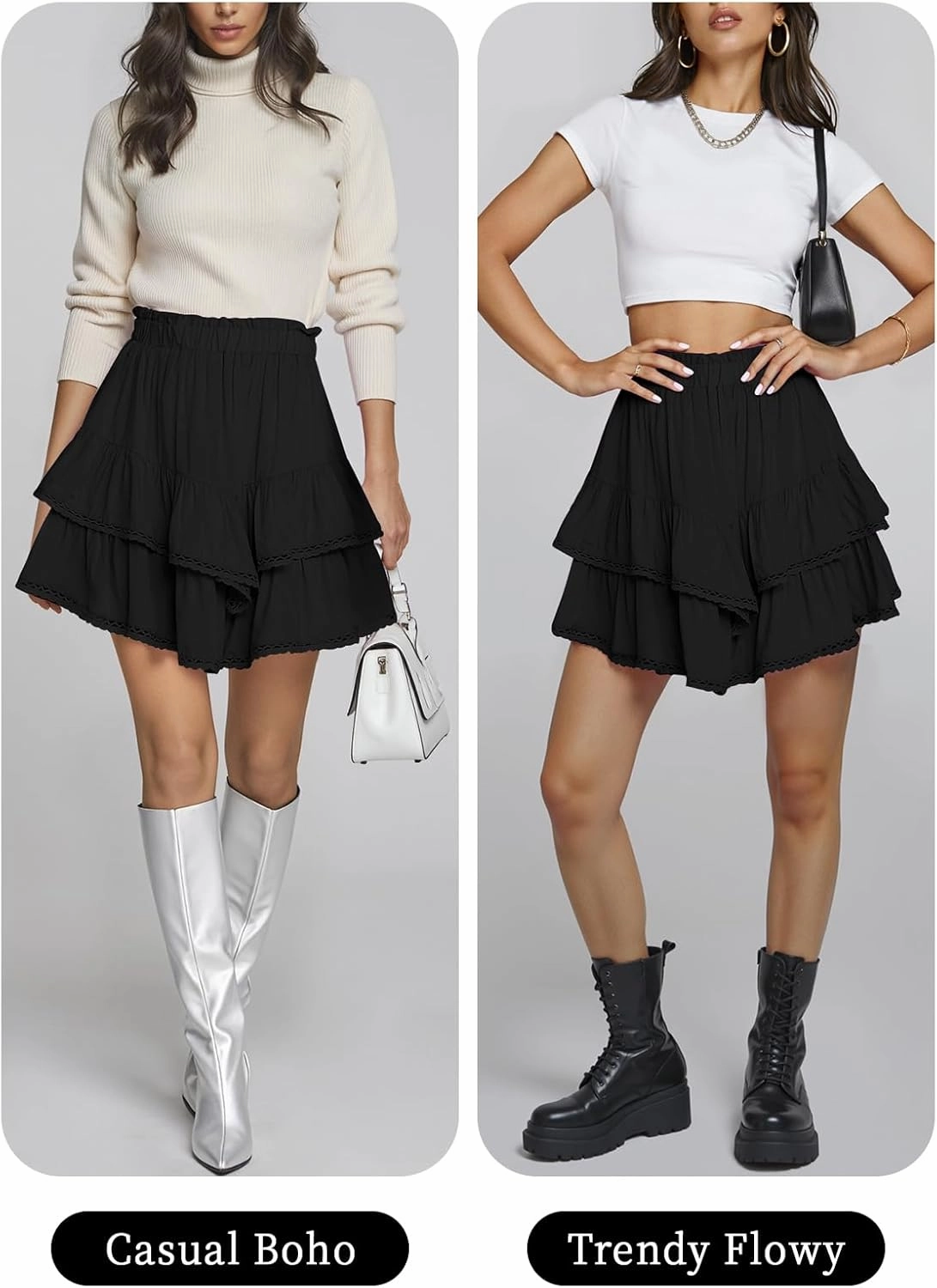 TARSE Womens Flowy Shorts High Waist Pleated Mini Skirts Casual Boho Ruffle Tiered Skorts Cute Versatile Fashion Shorts