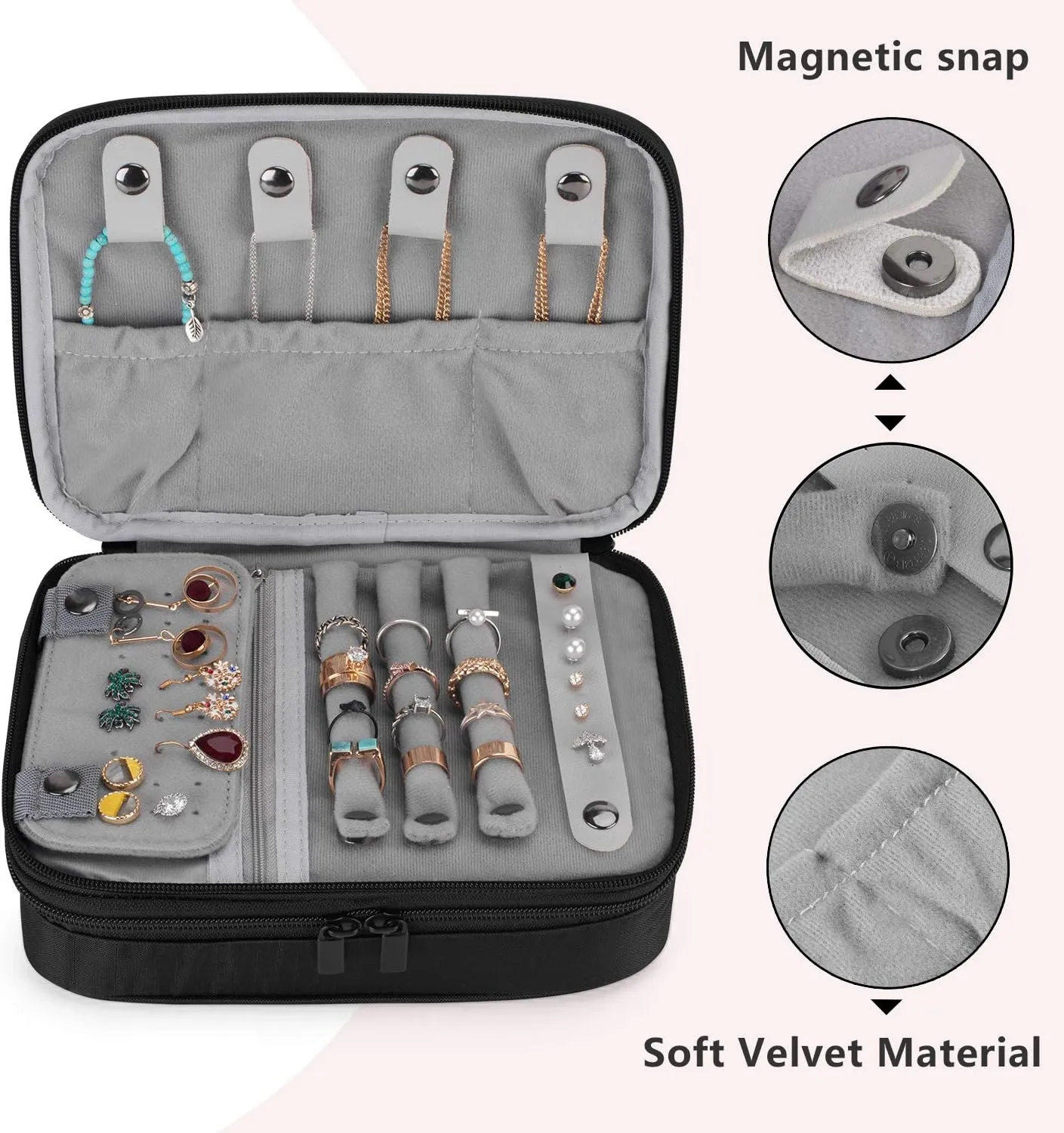 Teamoy Travel Jewelry Organizer Case, Storage Bag Holder for Necklace, Earrings, Rings, Watch and More, High Capacity and Compact,Black