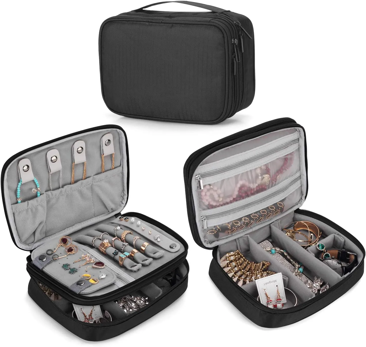 Teamoy Travel Jewelry Organizer Case, Storage Bag Holder for Necklace, Earrings, Rings, Watch and More, High Capacity and Compact,Black