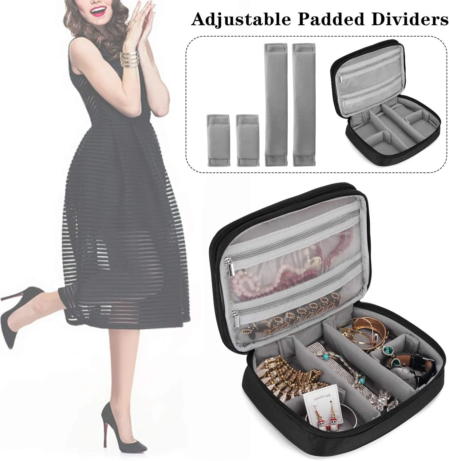 Teamoy Travel Jewelry Organizer Case, Storage Bag Holder for Necklace, Earrings, Rings, Watch and More, High Capacity and Compact,Black