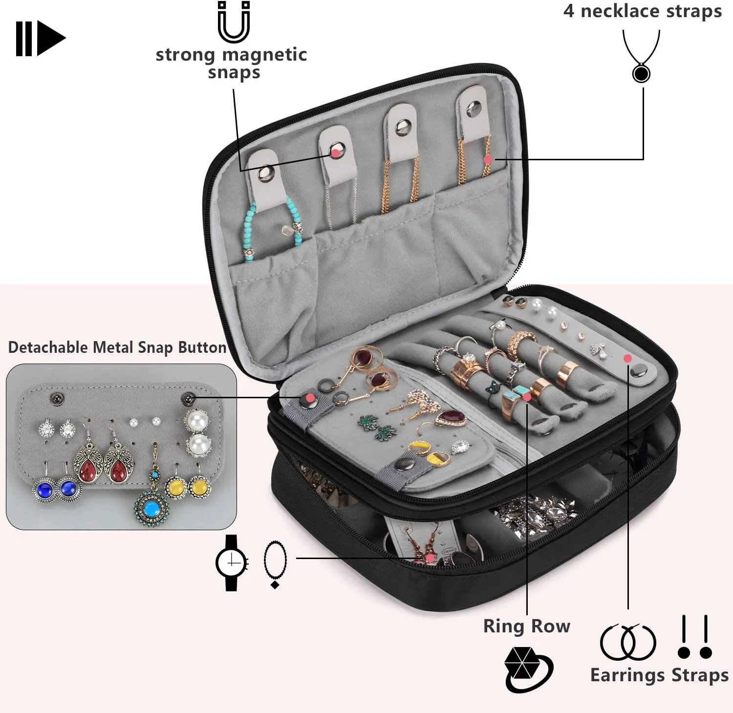 Teamoy Travel Jewelry Organizer Case, Storage Bag Holder for Necklace, Earrings, Rings, Watch and More, High Capacity and Compact,Black