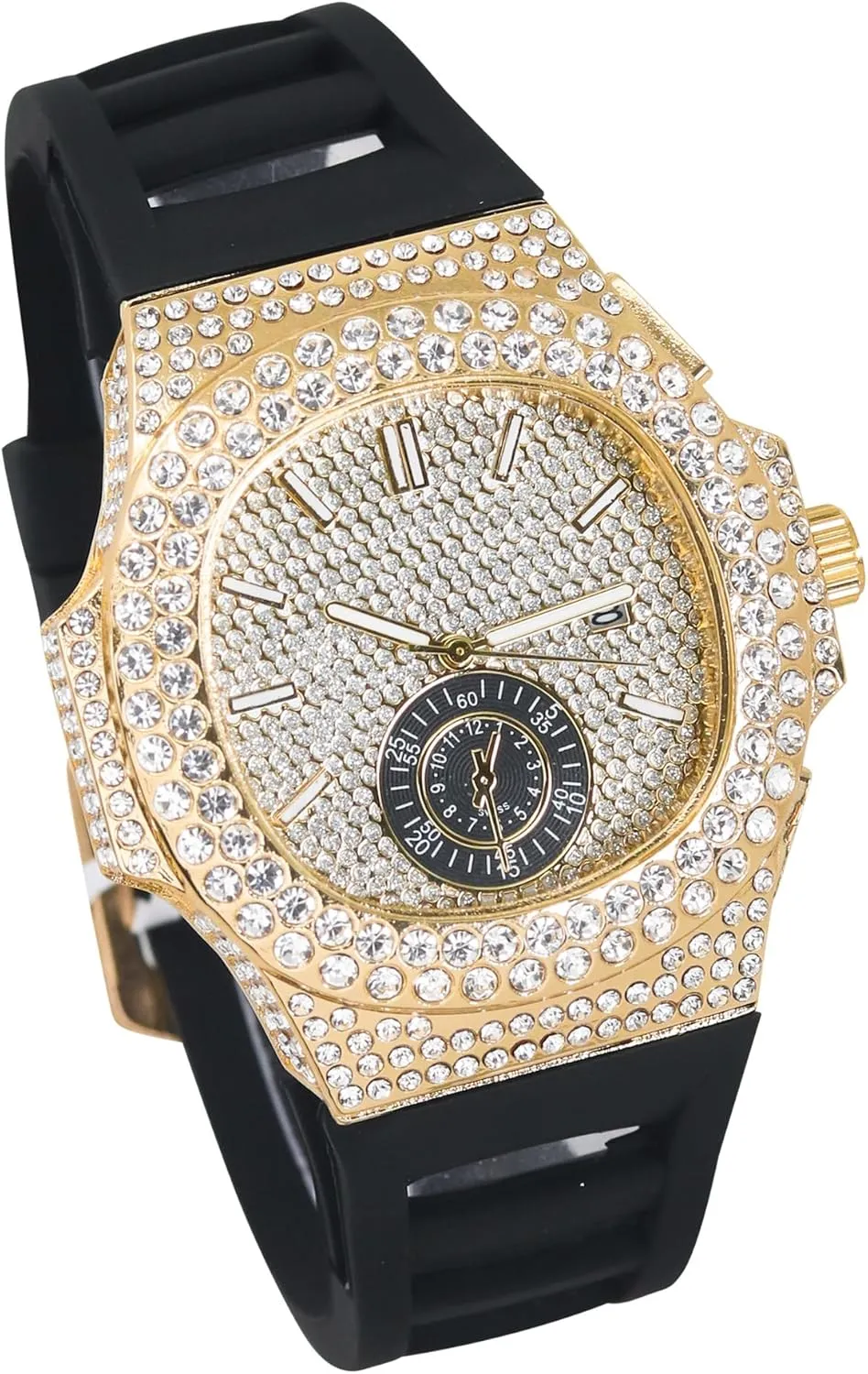 Techno Pave Men's 43mm Silicone Band Watch - Iced Out Oblong Bezel - Quartz Movement