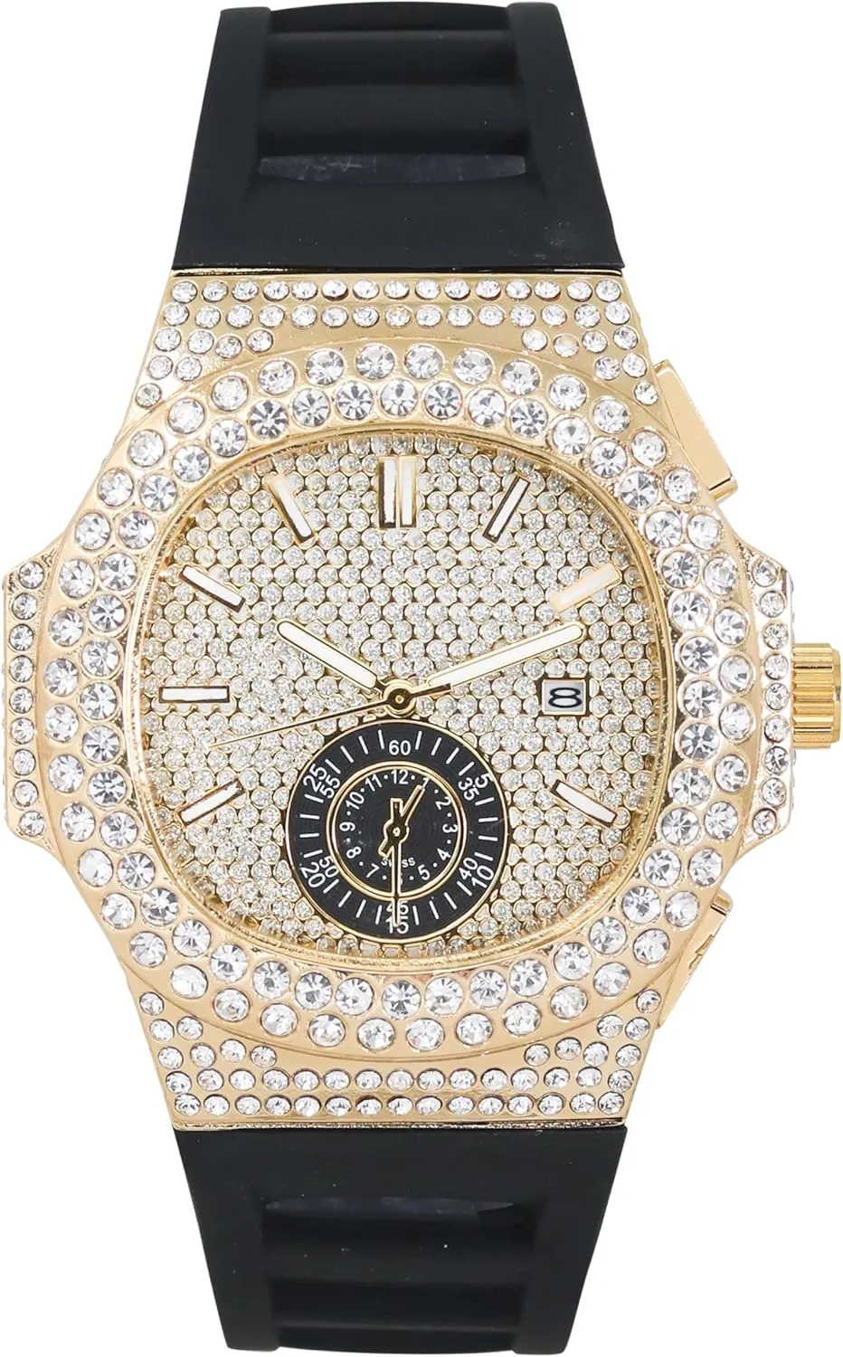 Techno Pave Men's 43mm Silicone Band Watch - Iced Out Oblong Bezel - Quartz Movement