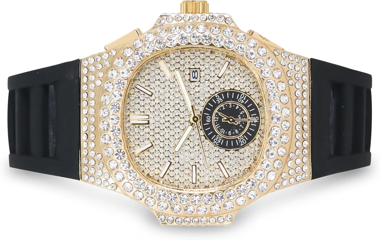 Techno Pave Men's 43mm Silicone Band Watch - Iced Out Oblong Bezel - Quartz Movement