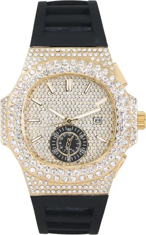 Techno Pave Men's 43mm Silicone Band Watch - Iced Out Oblong Bezel - Quartz Movement