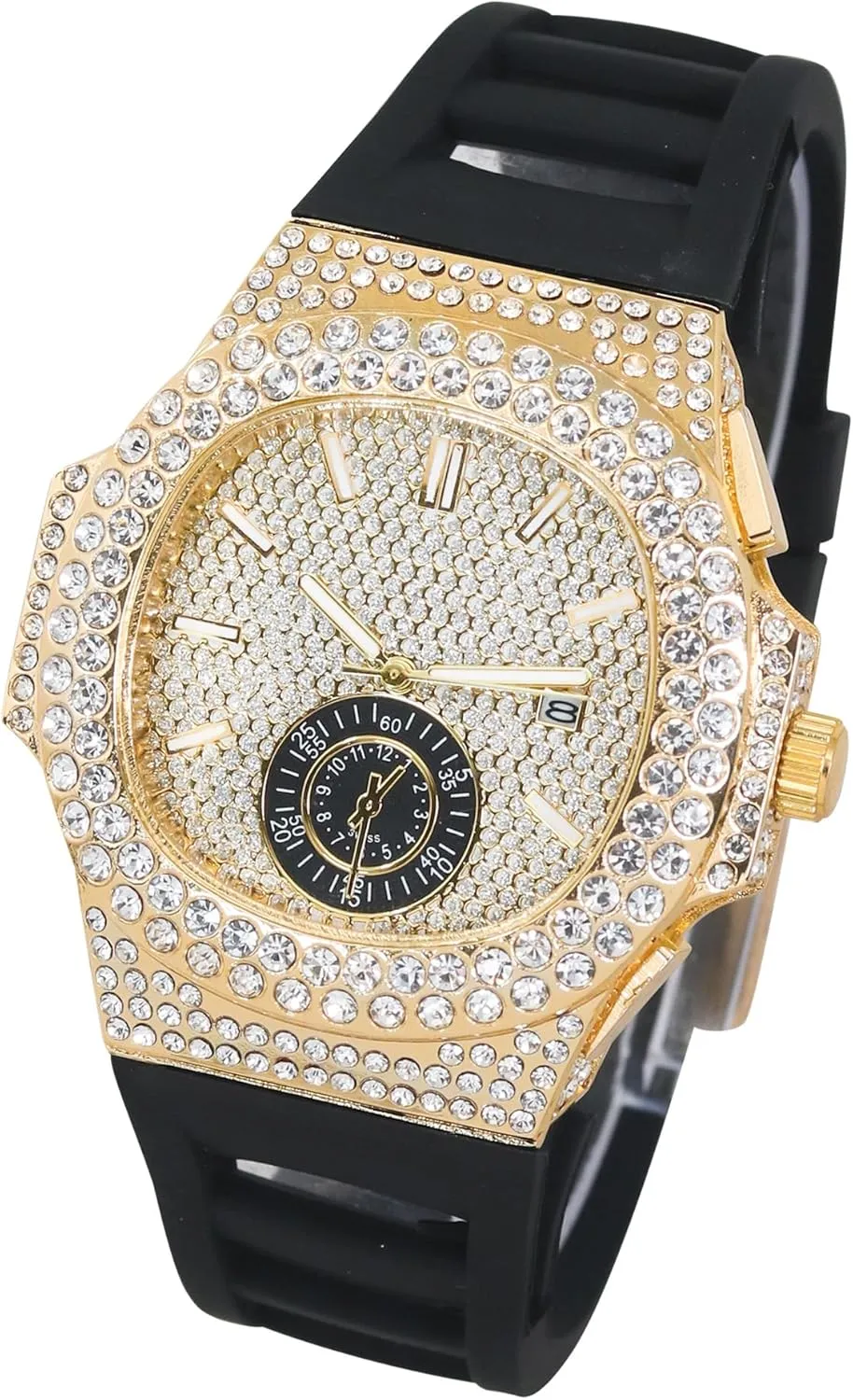 Techno Pave Men's 43mm Silicone Band Watch - Iced Out Oblong Bezel - Quartz Movement
