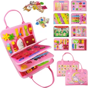 TenFans Montessori Busy Board for Toddlers 1-3 Years - Sensory Toys for Fine Motor Skills - Educational Activities & Travel Toys for Car & Airplane - Gifts for Girls