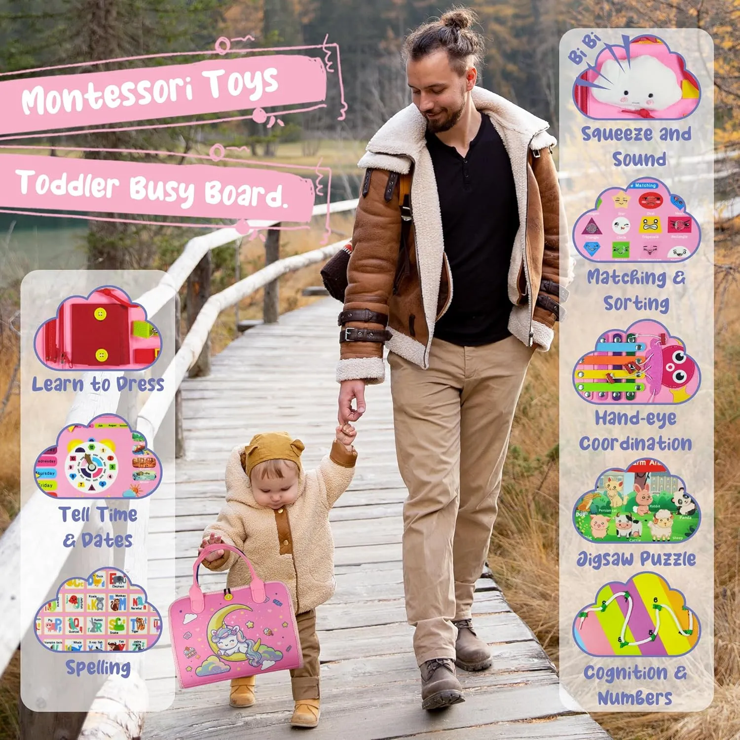 TenFans Montessori Busy Board for Toddlers 1-3 Years - Sensory Toys for Fine Motor Skills - Educational Activities & Travel Toys for Car & Airplane - Gifts for Girls