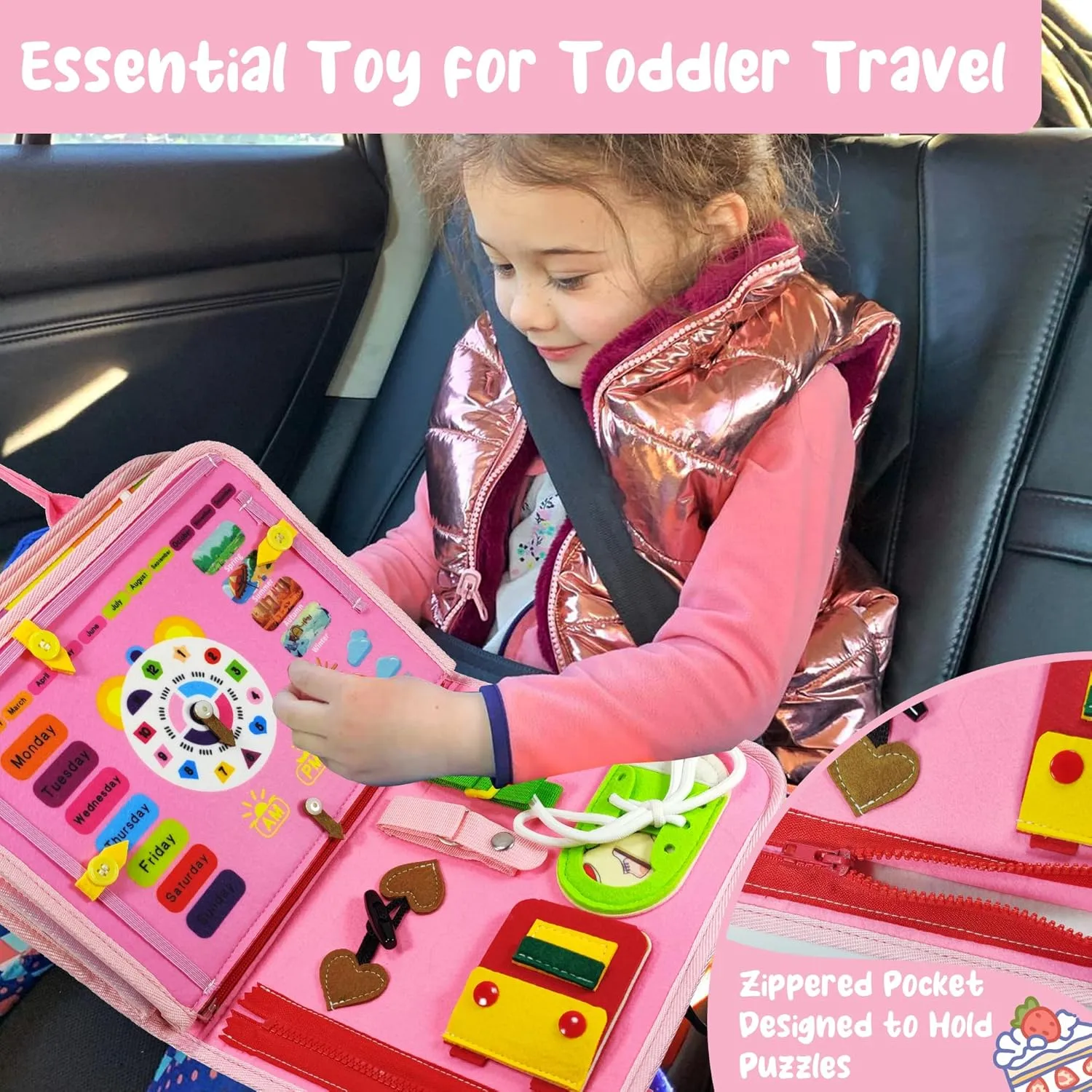 TenFans Montessori Busy Board for Toddlers 1-3 Years - Sensory Toys for Fine Motor Skills - Educational Activities & Travel Toys for Car & Airplane - Gifts for Girls