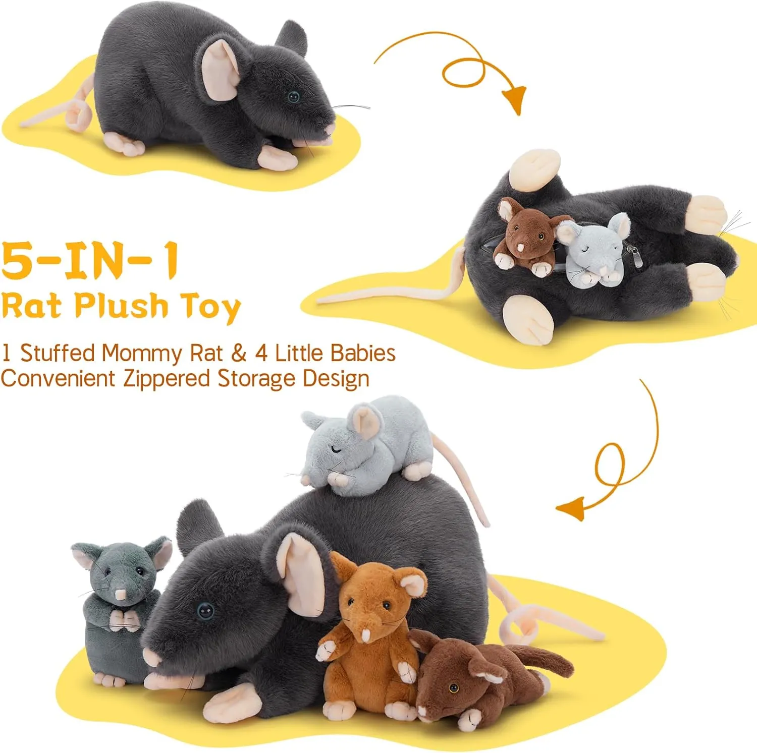 Tezituor 5 in 1 Rat Stuffed Animals Set, 24 inch Large Mommy Stuffed Mouse Plush Toy with 4 Cute Babies, Realistic Rat Plush Gift for Boys Girls