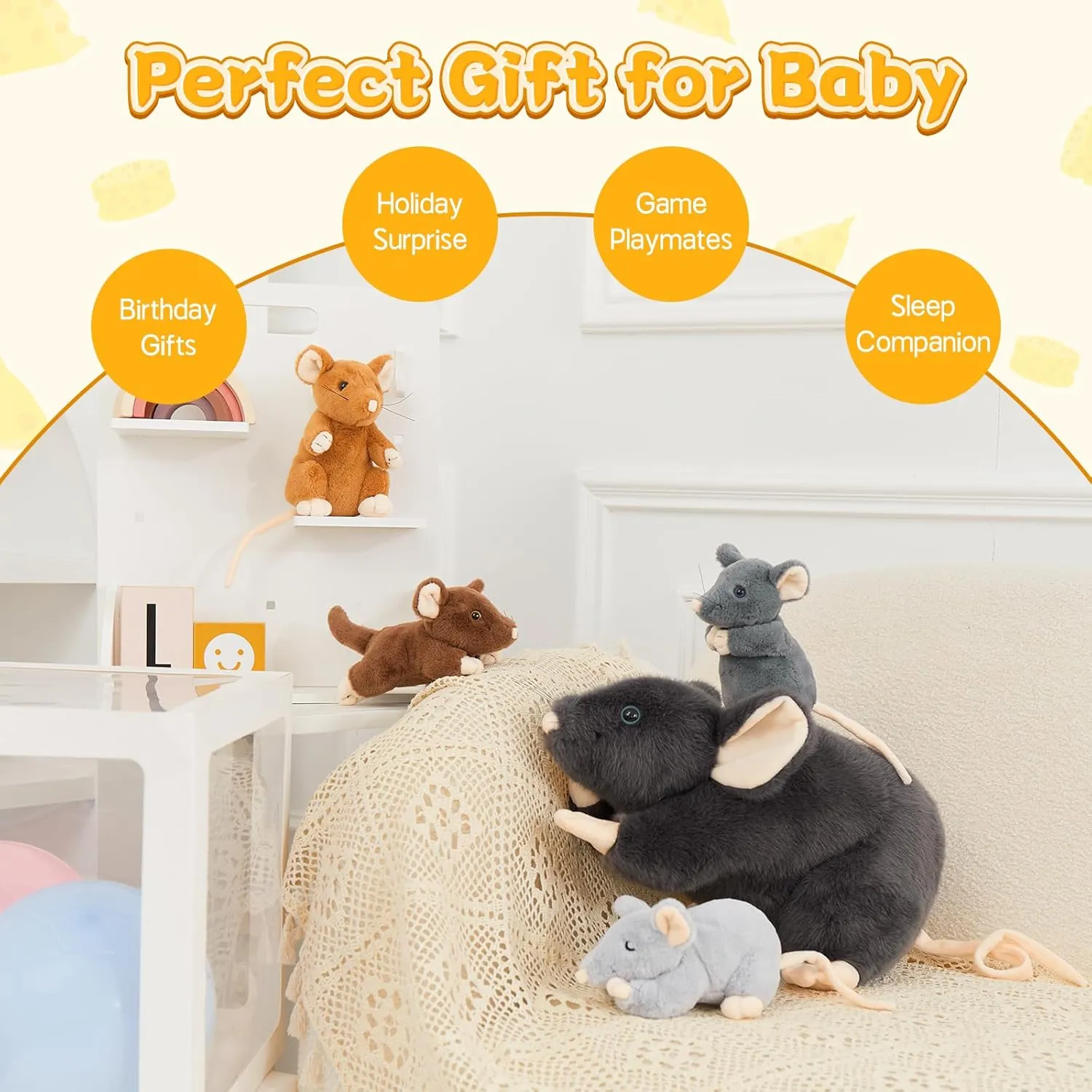 Tezituor 5 in 1 Rat Stuffed Animals Set, 24 inch Large Mommy Stuffed Mouse Plush Toy with 4 Cute Babies, Realistic Rat Plush Gift for Boys Girls