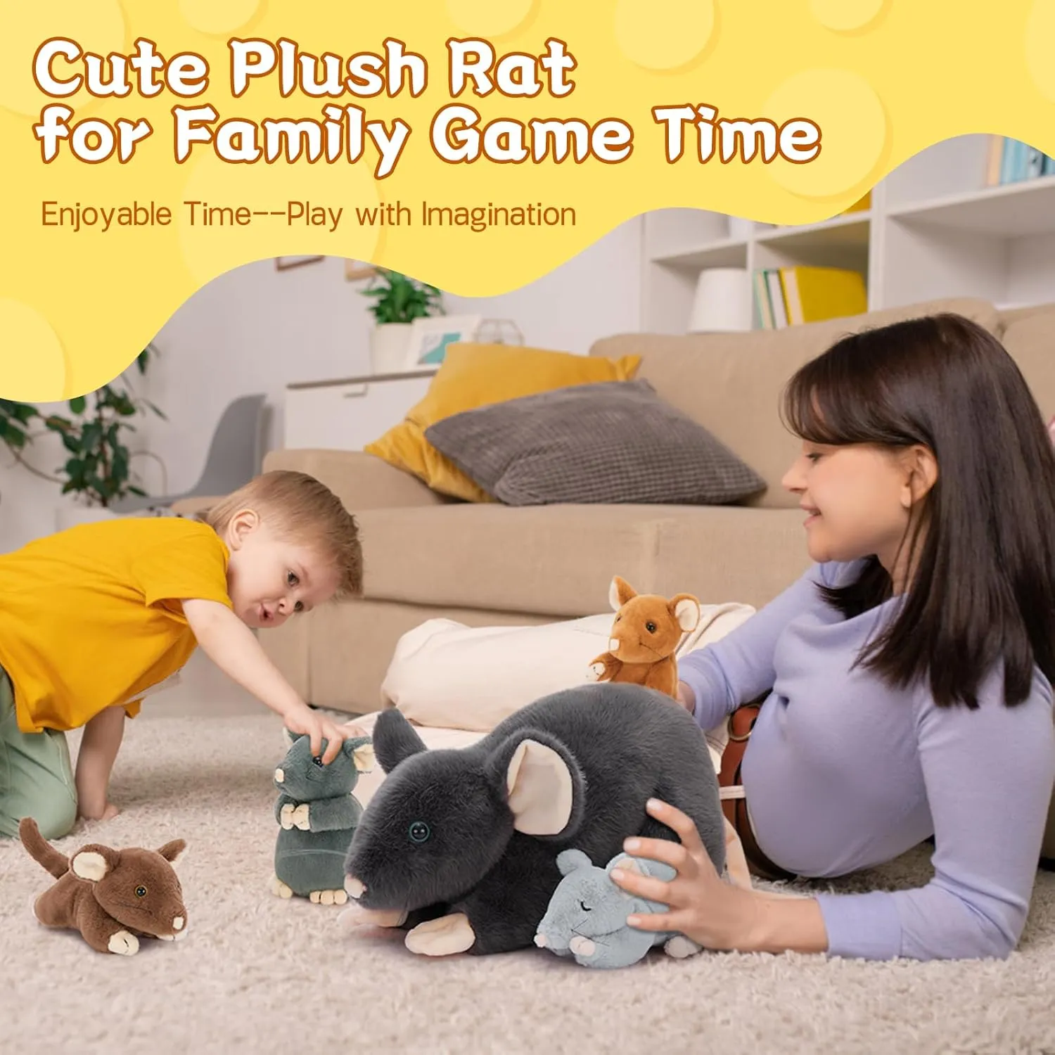 Tezituor 5 in 1 Rat Stuffed Animals Set, 24 inch Large Mommy Stuffed Mouse Plush Toy with 4 Cute Babies, Realistic Rat Plush Gift for Boys Girls