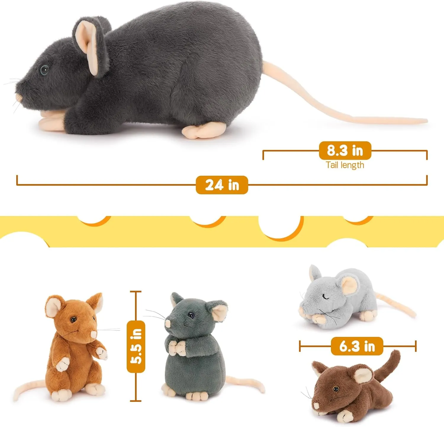 Tezituor 5 in 1 Rat Stuffed Animals Set, 24 inch Large Mommy Stuffed Mouse Plush Toy with 4 Cute Babies, Realistic Rat Plush Gift for Boys Girls