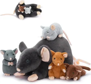 Tezituor 5 in 1 Rat Stuffed Animals Set, 24 inch Large Mommy Stuffed Mouse Plush Toy with 4 Cute Babies, Realistic Rat Plush Gift for Boys Girls