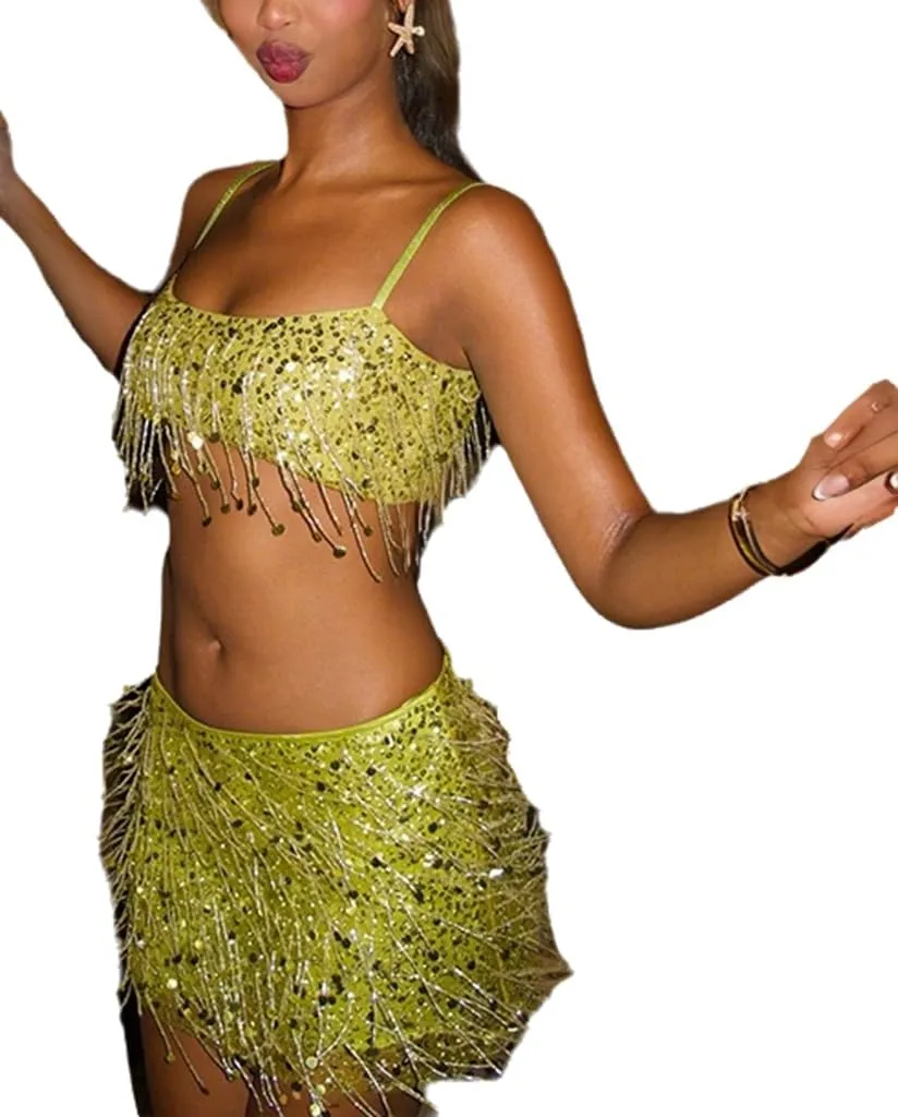 THLAI Women Sequin 2 Piece Skirt Sets Strap Sleeveless Tassel Crop Top and Mini Skirt Set Summer Party Club Outfits